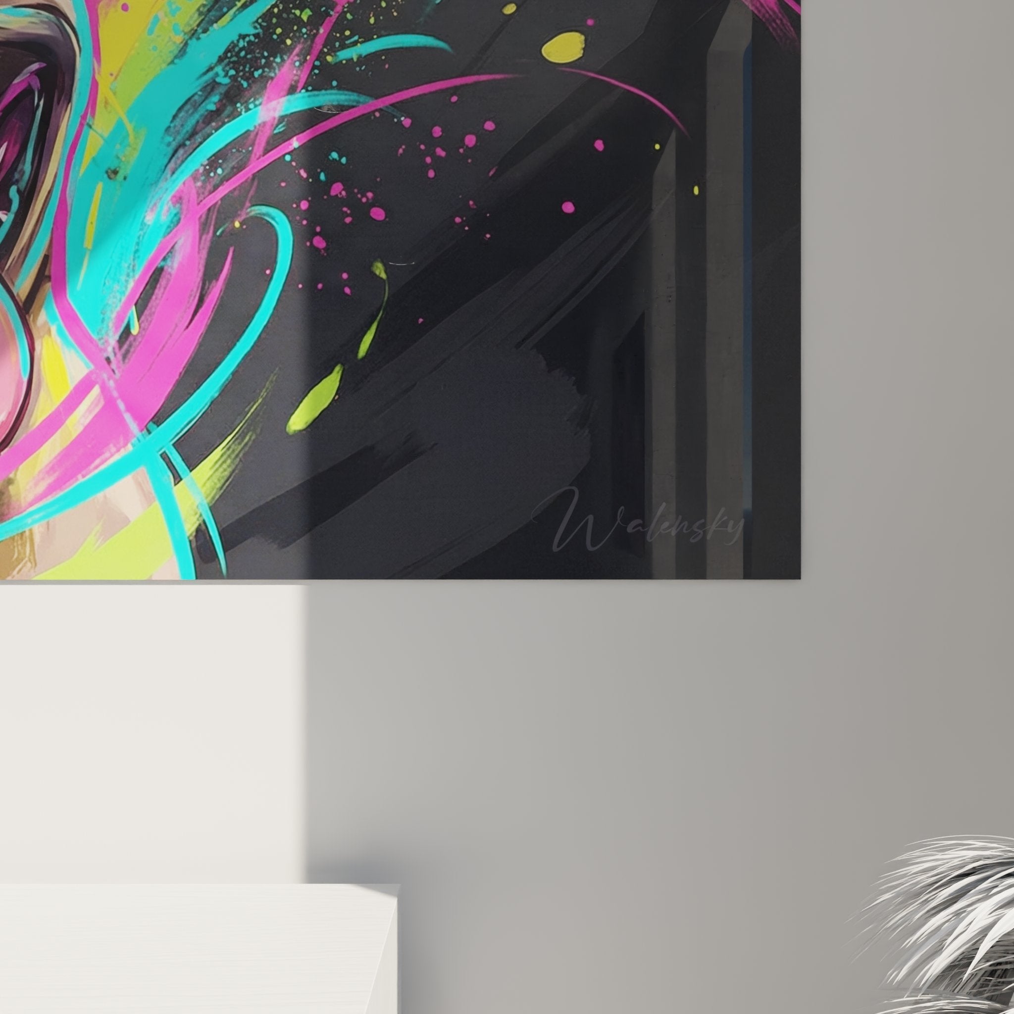 Vue ensemble tableau bouledogue français art contemporain éclaboussures multicolores décoration murale moderne