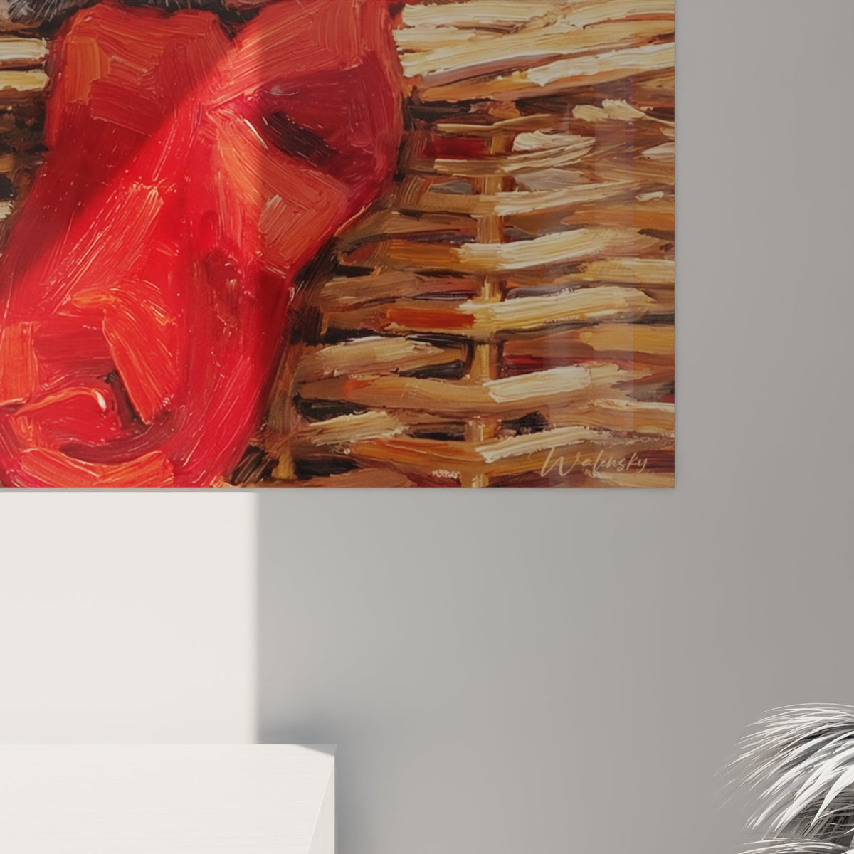 Vista d'insieme quadro bulldog francese in cesto intrecciato, palette colori caldi ocra beige rosso