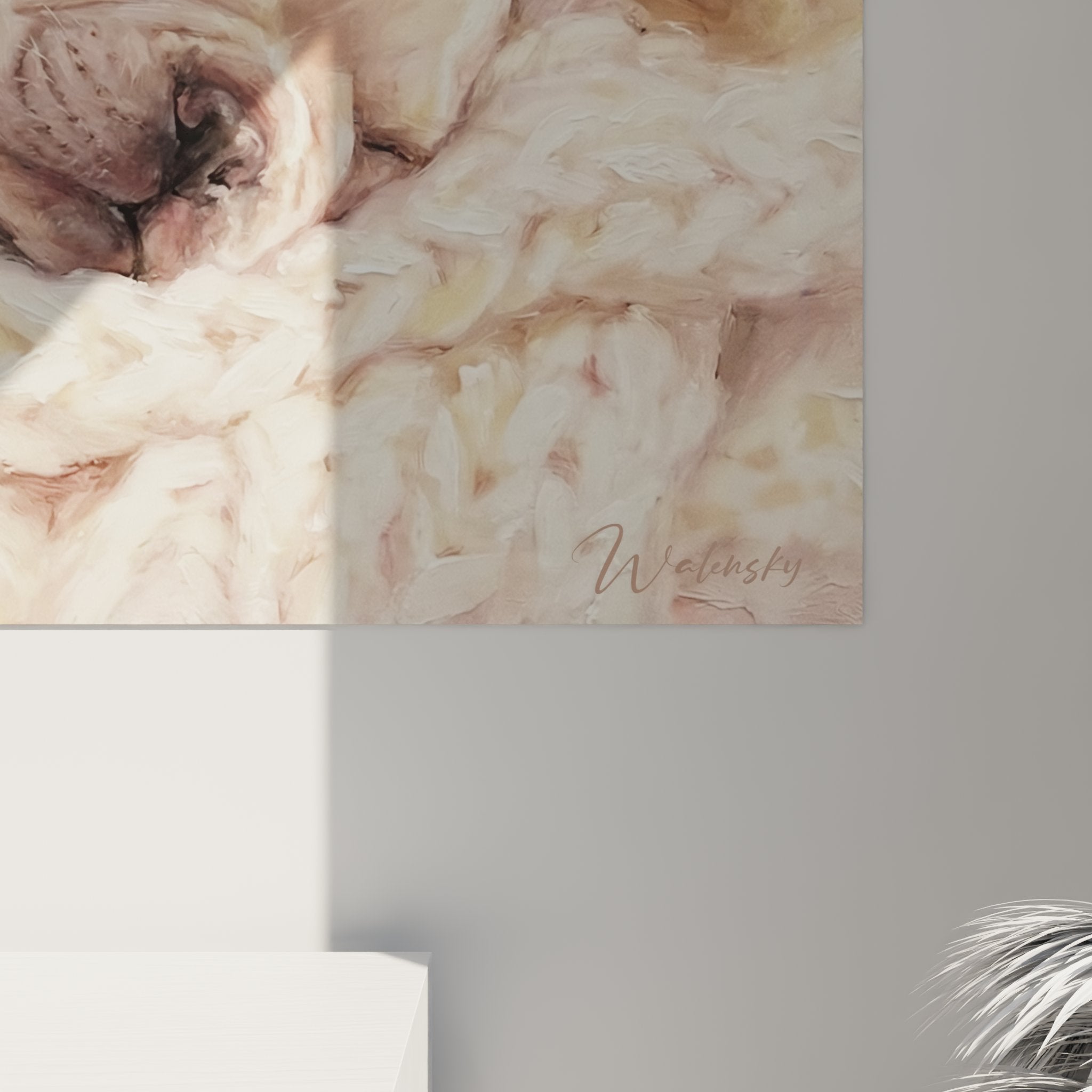 Gesamtansicht Gemälde Französische Bulldogge Creme-Plaid Inneneinrichtung neutrale Töne