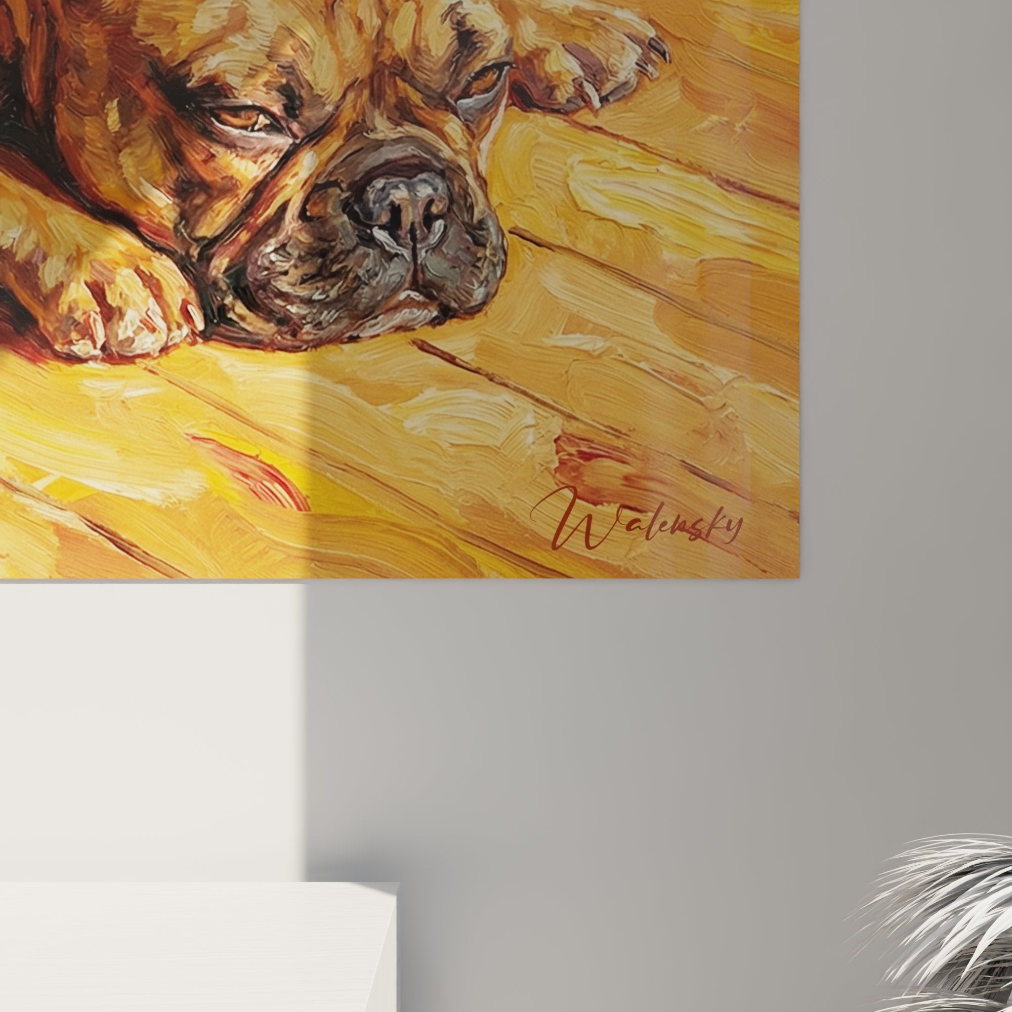 Gesamtansicht französische Bulldogge Gemälde goldene orangefarbene Töne gemütliche Atmosphäre Wanddekoration