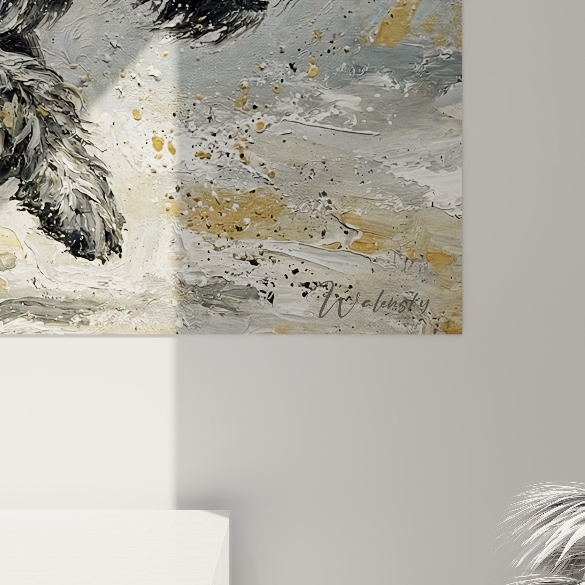 Vista d'insieme quadro da parete Bouvier delle Fiandre acquatico, arte canina contemporanea, palette grigio dorato