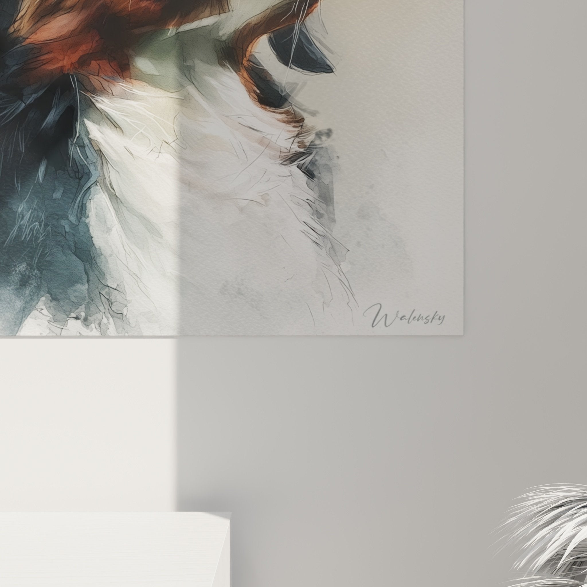 Vue ensemble tableau aquarelle Bouvier Bernois portrait contemplatif decoration interieur cadre elegant