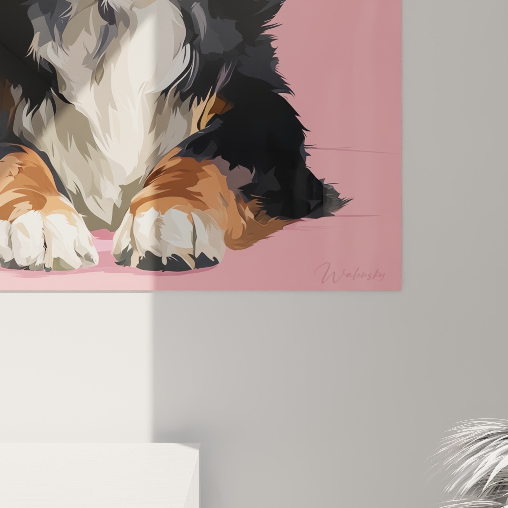 Bernese Mountain Dog puppy wall art on pink background modern interior decoration