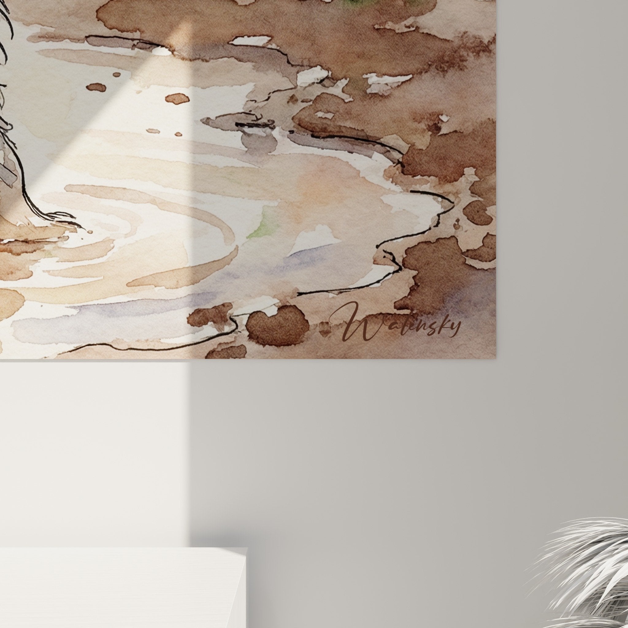 Vista d'insieme quadro Bovaro delle Fiandre cucciolo pozzanghera decorazione interiore arte animalier acquerello
