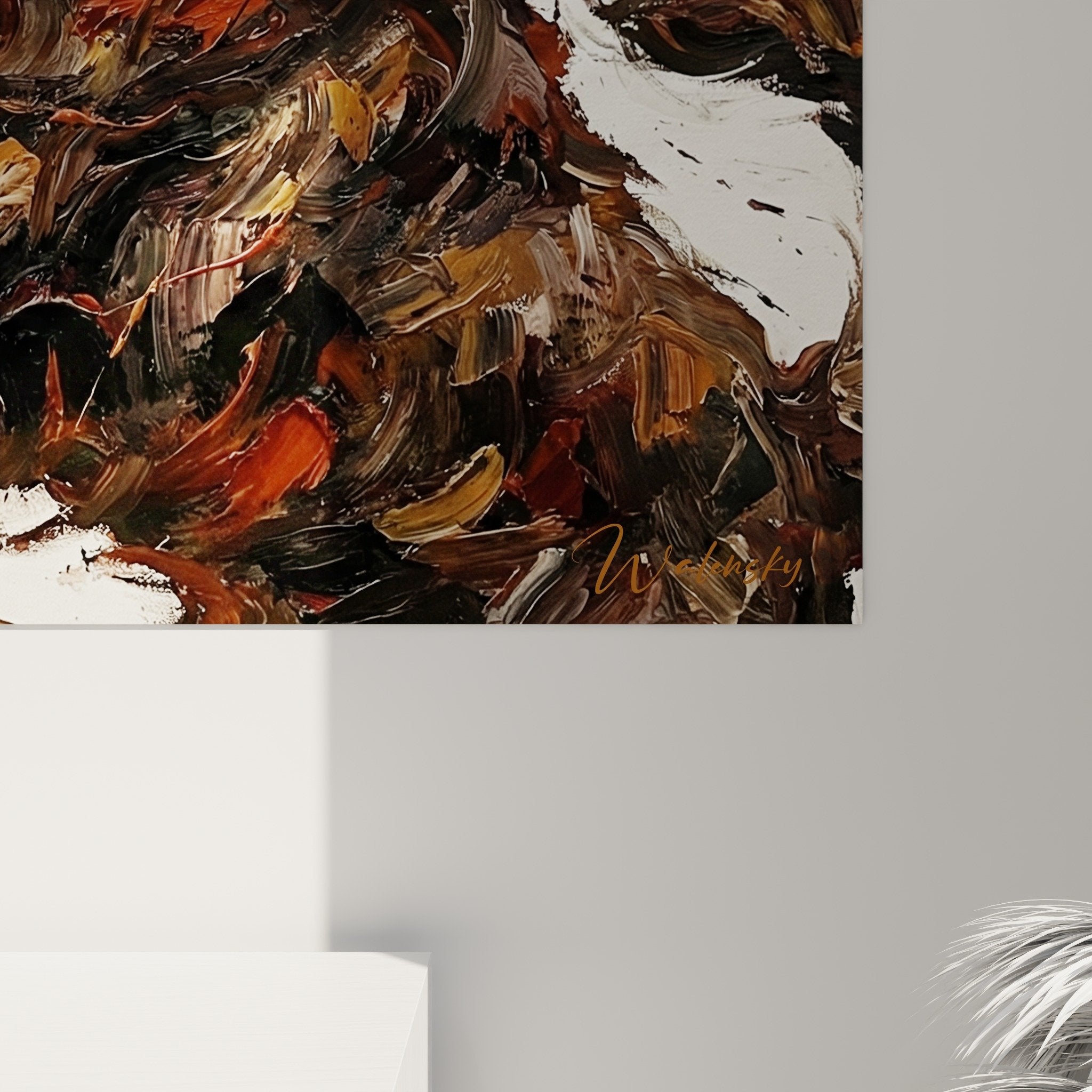 Vista d'insieme quadro ritratto espressionista Bovaro delle Fiandre in interno moderno decorazione murale