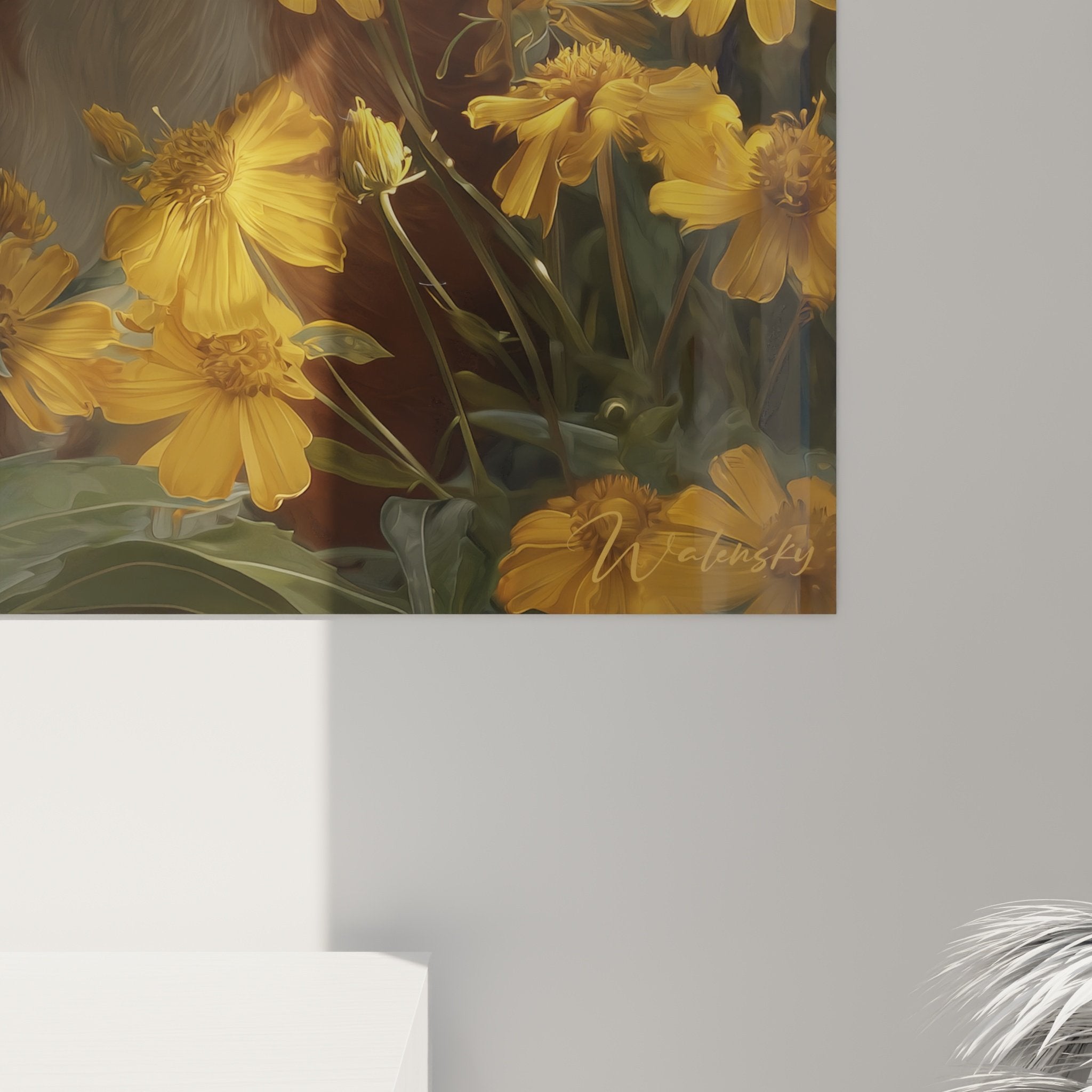 Overall view of Boxer wall art in golden cosmos flower field interior nature decoration