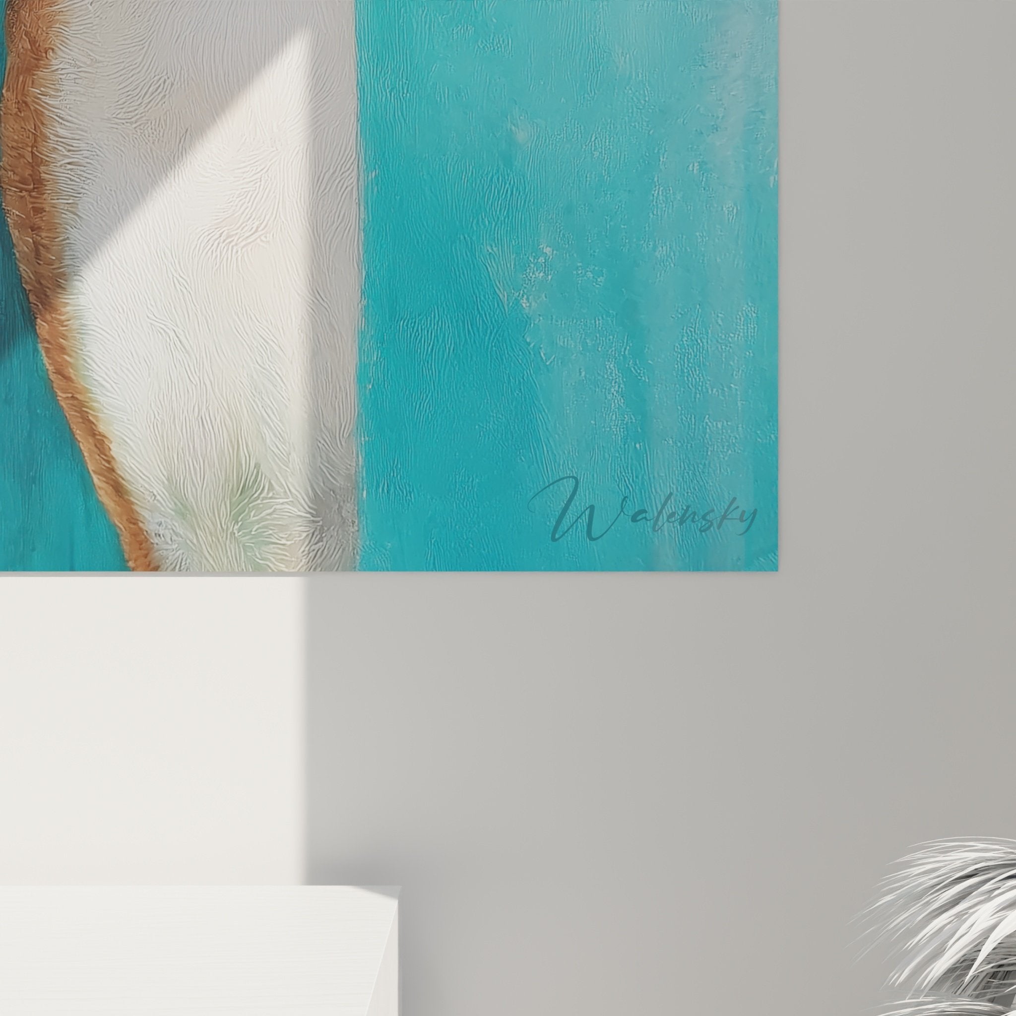 Boxer tricolor wall art canvas turquoise background modern interior design emotional dog artwork