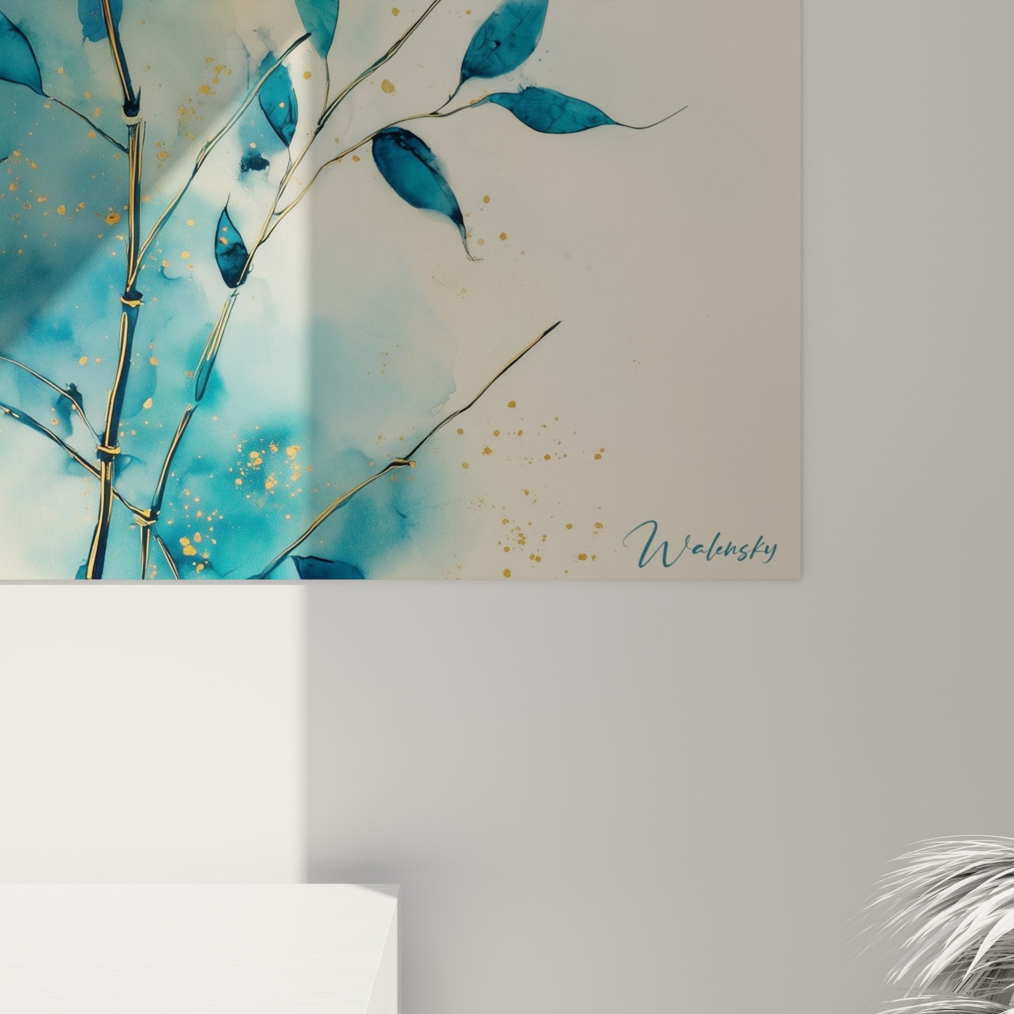 vue ensemble tableau branches bleues aquarelle decoration murale elegante feng shui nord eau