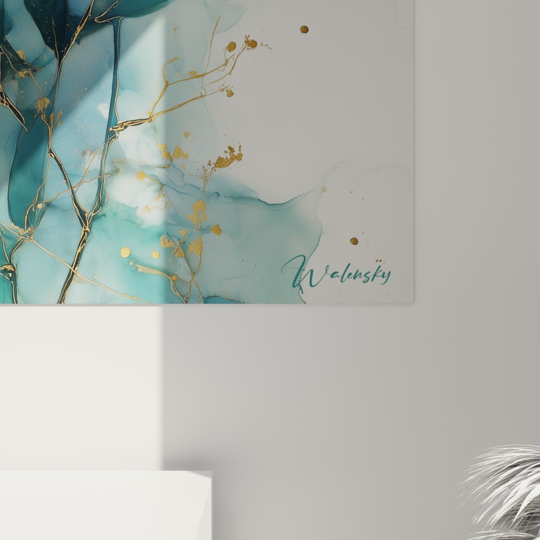 Vue ensemble tableau branches bleues turquoise decoration murale feng shui nord eau salon