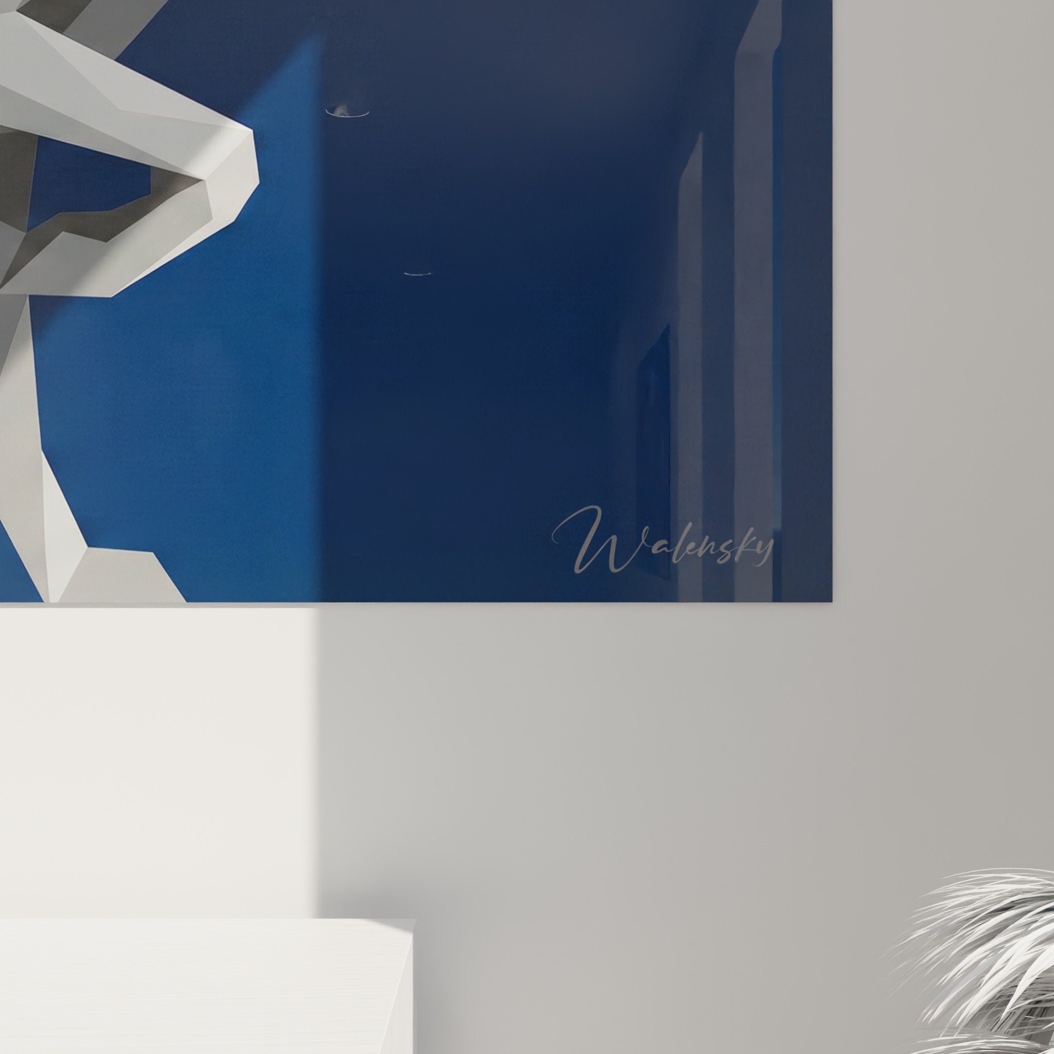 Vue ensemble tableau mural Braque de Weimar stylisé, décoration intérieur moderne bleu blanc