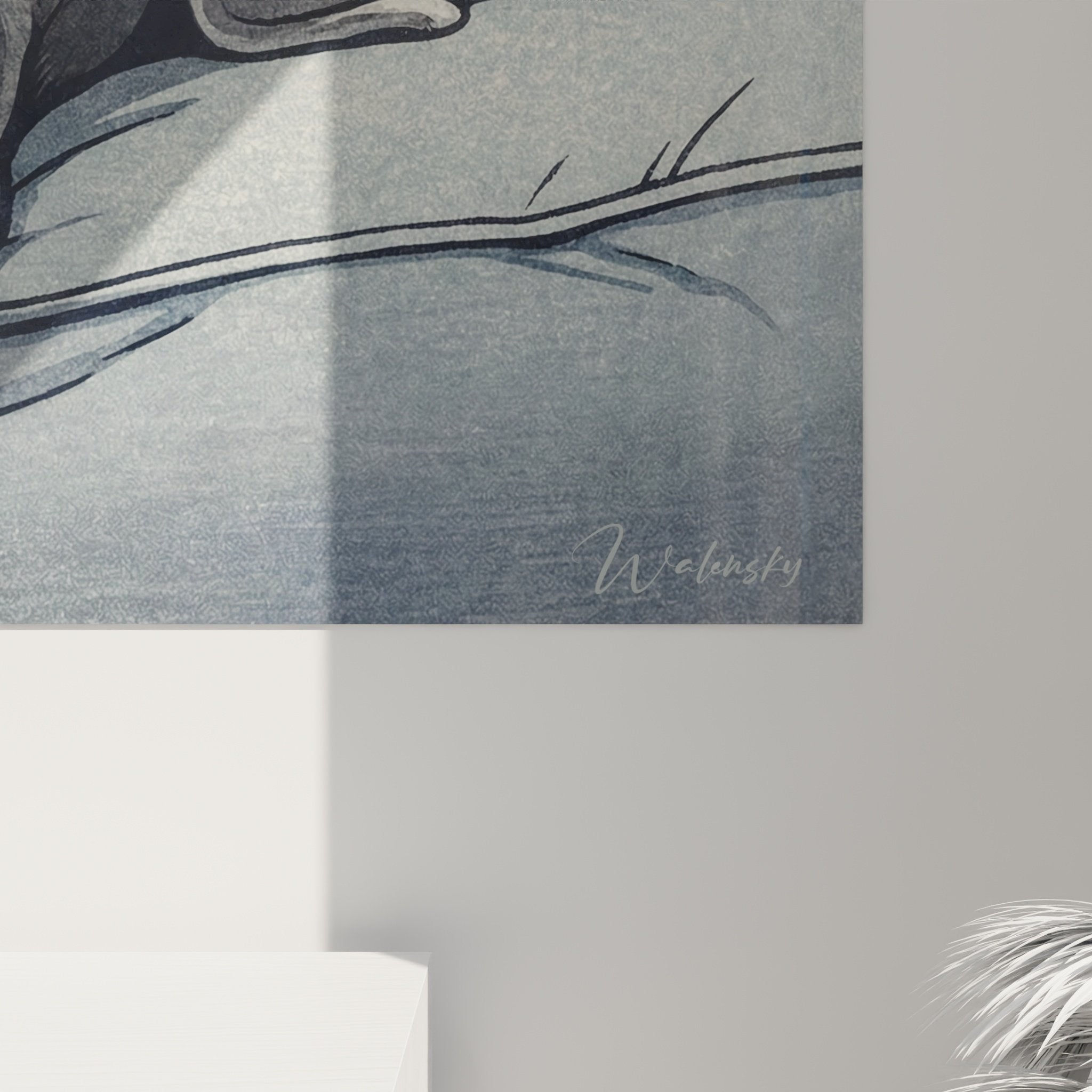 Vue ensemble tableau braque weimar decoration murale chien gris coussin bleu motifs