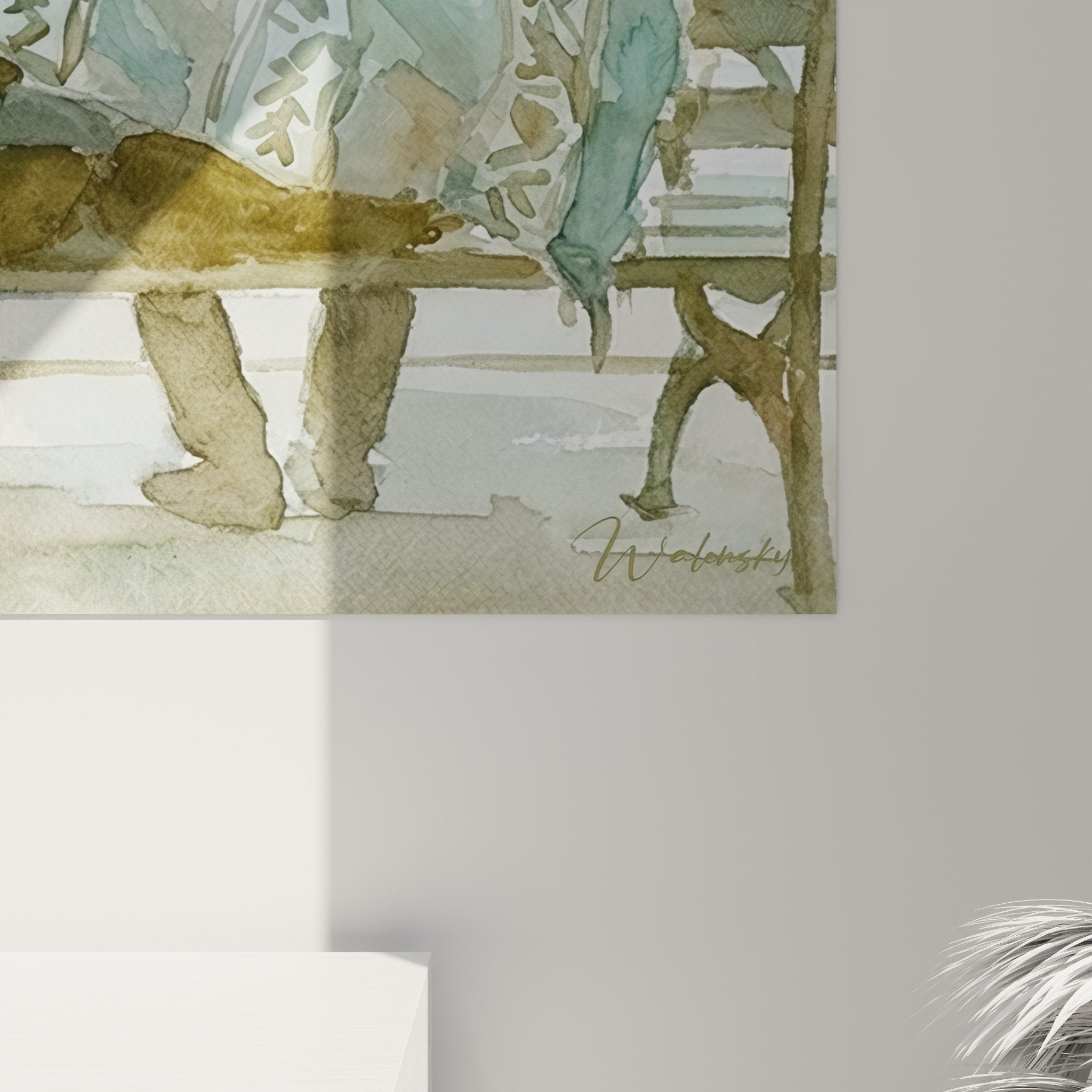 Vue ensemble tableau Brooklyn couple banc gratte-ciels aquarelle bleue verte ambiance