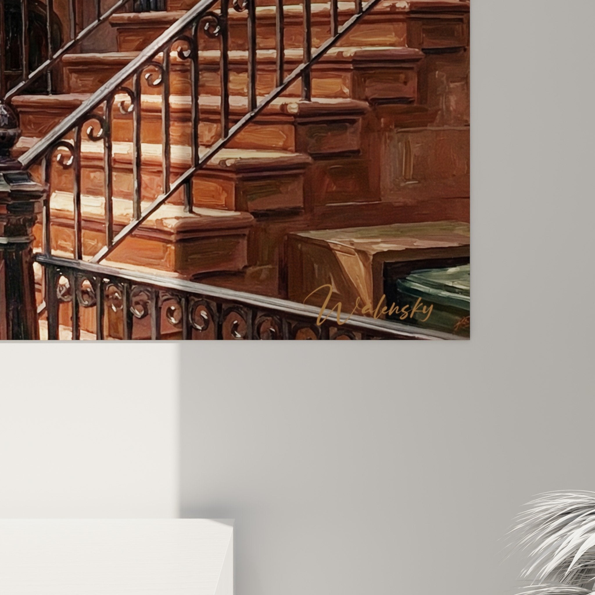 Vue ensemble tableau Brooklyn facades rouges perspective rue escaliers metalliques decoration interieur