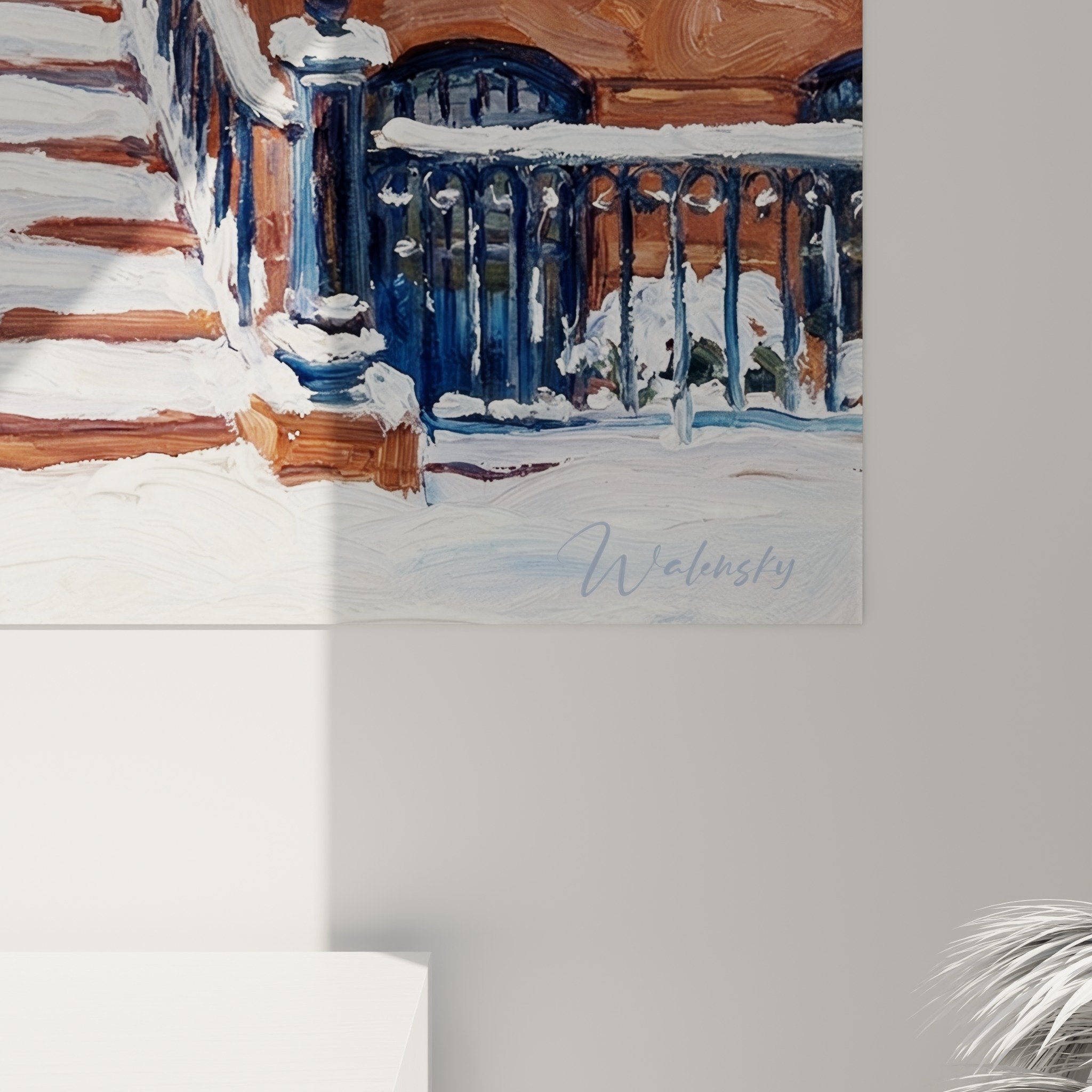 Vue ensemble tableau mural brownstone enneigé décoration intérieur urbain tons chauds hiver