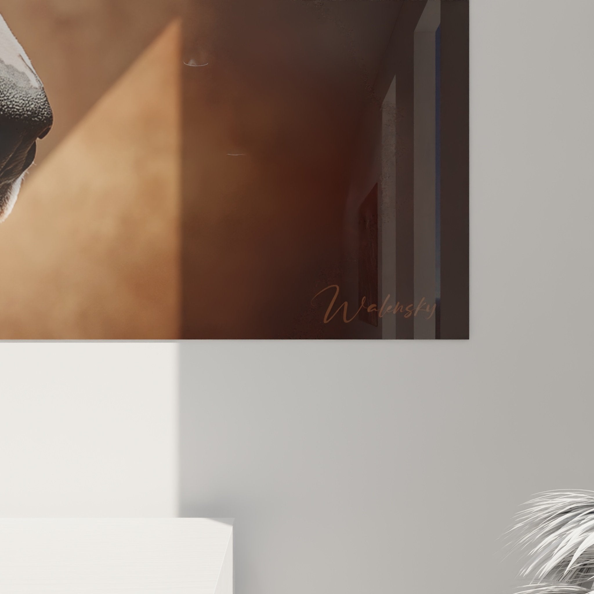 Vue ensemble tableau bull terrier blanc mur salon decoration interieur moderne portrait canin