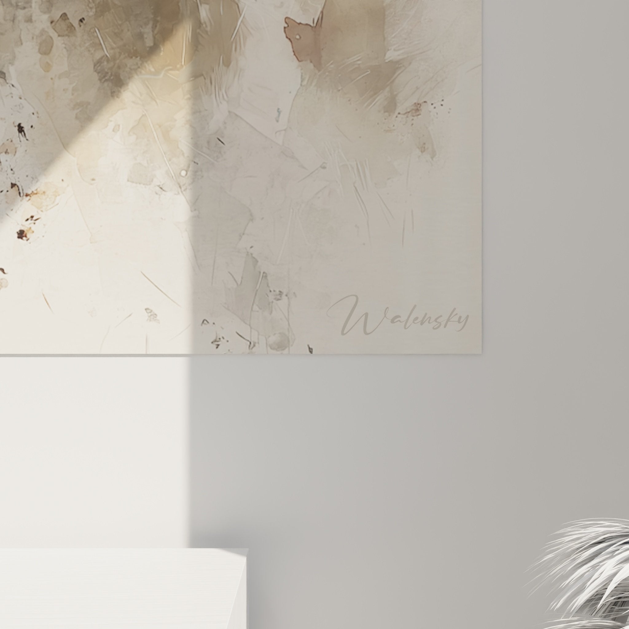 Vue ensemble tableau bull terrier aquarelle decoration interieur moderne palette chromatique douce beige