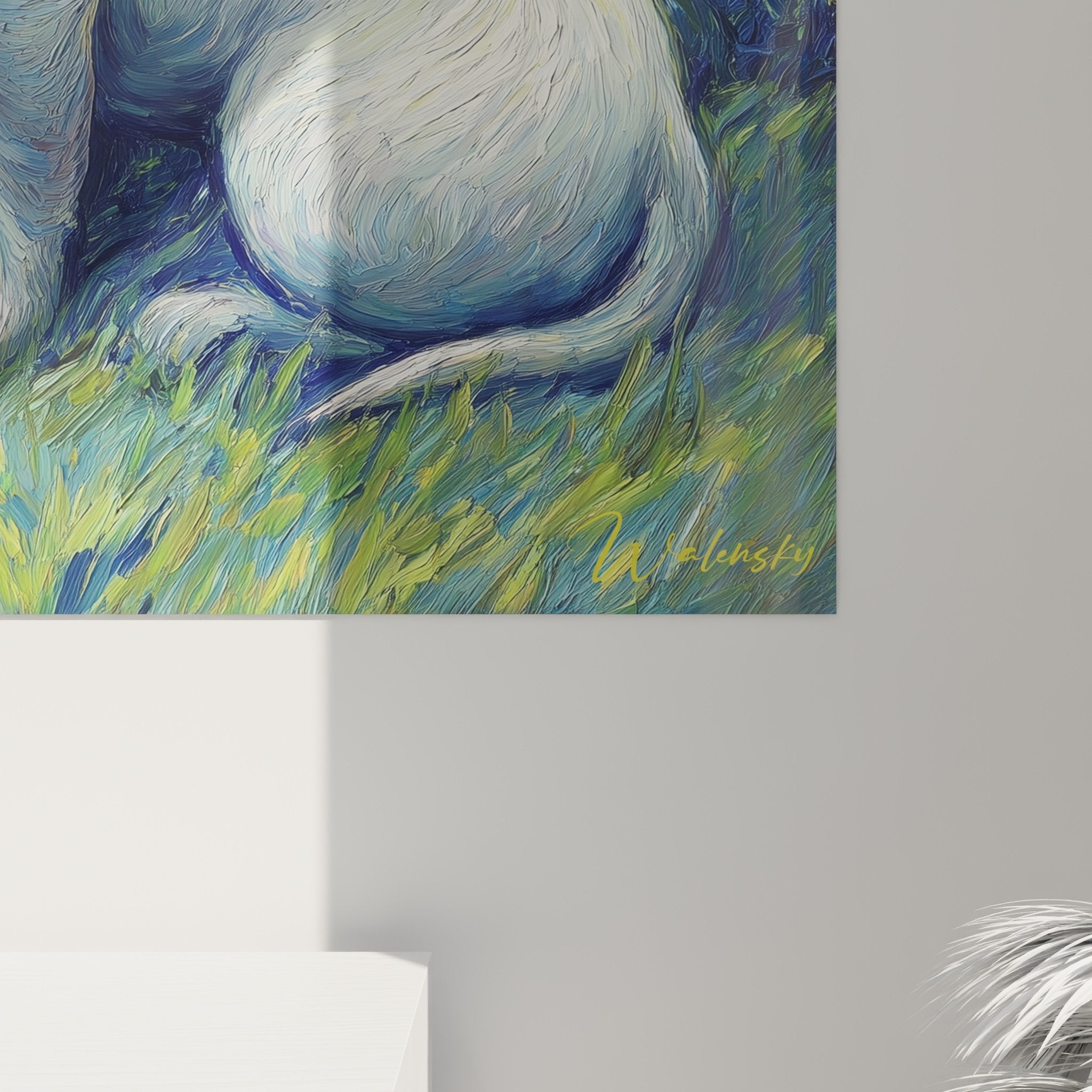 Vue ensemble tableau bull terrier nuit étoilée spirales célestes décoration murale style artistique bleu doré