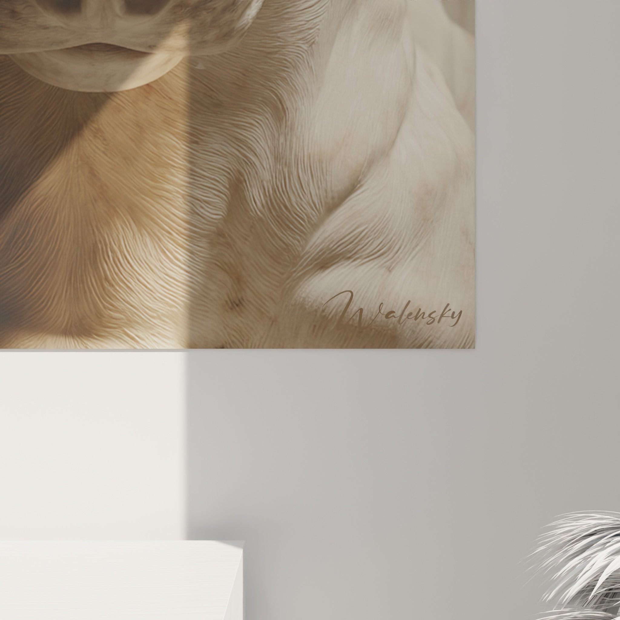 Vue ensemble tableau Bull Terrier portrait sepia dans salon contemporain decoration murale elegante