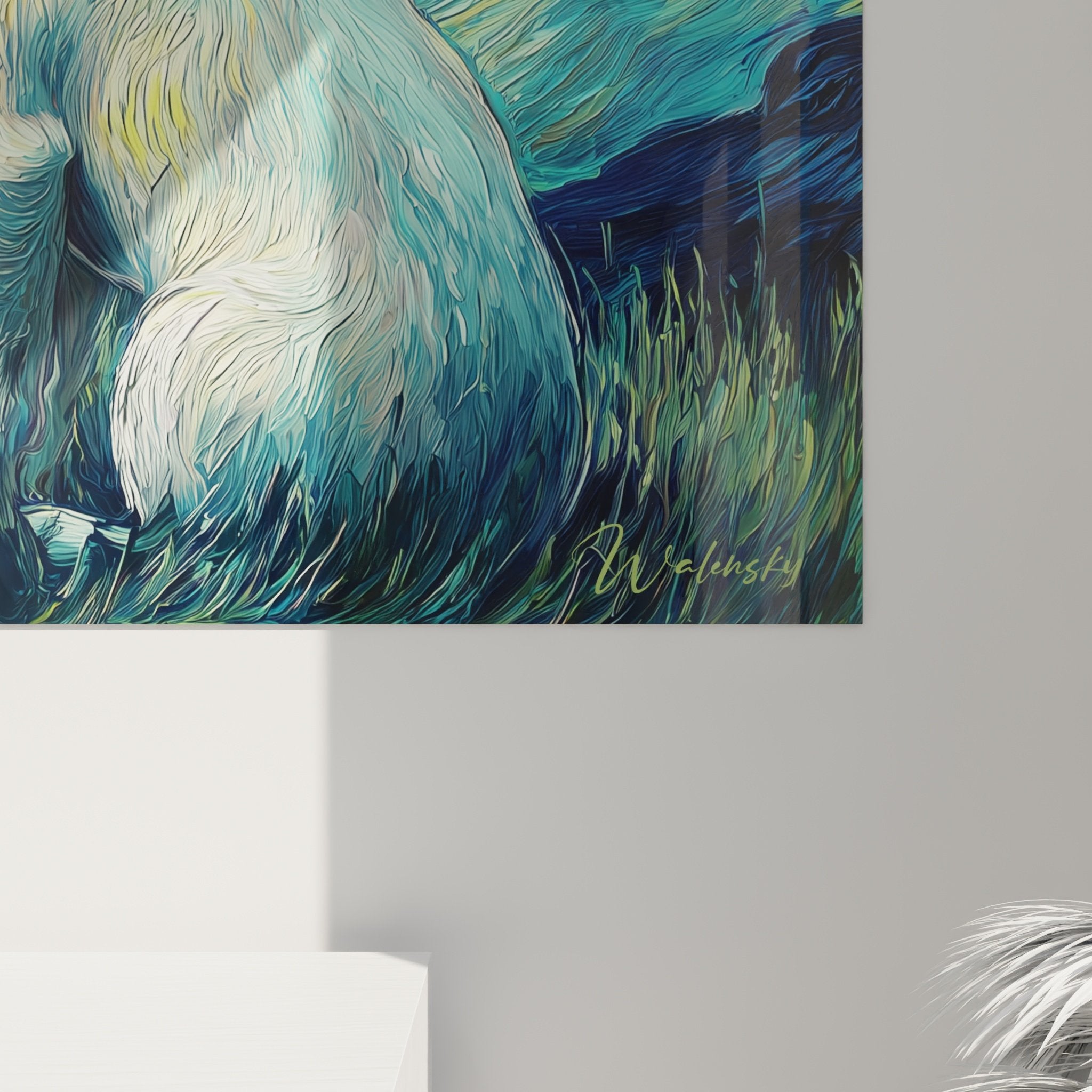 vue ensemble tableau bull terrier blanc ciel tourbillons bleus style nuit etoilee decoration interieur