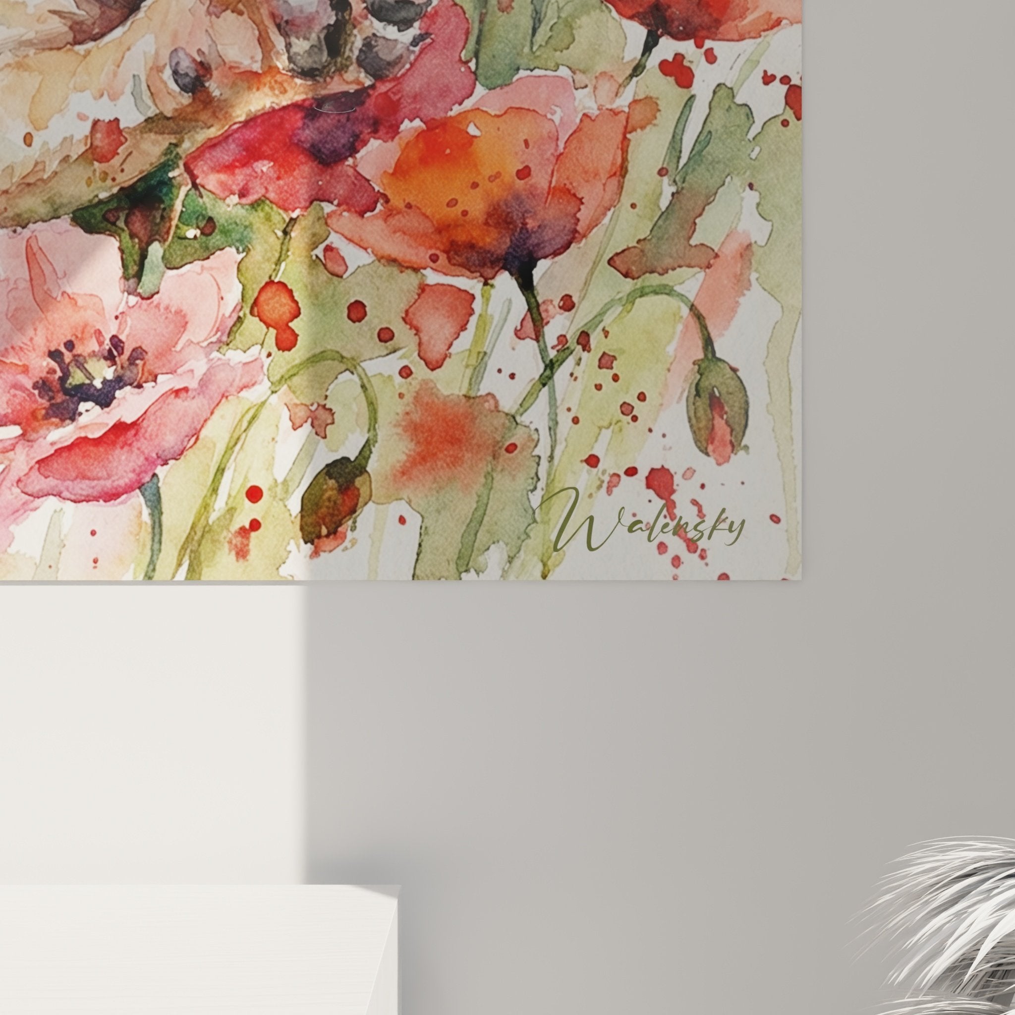 Vue ensemble tableau mural bullmastiff coquelicots décoration intérieur moderne style aquarelle