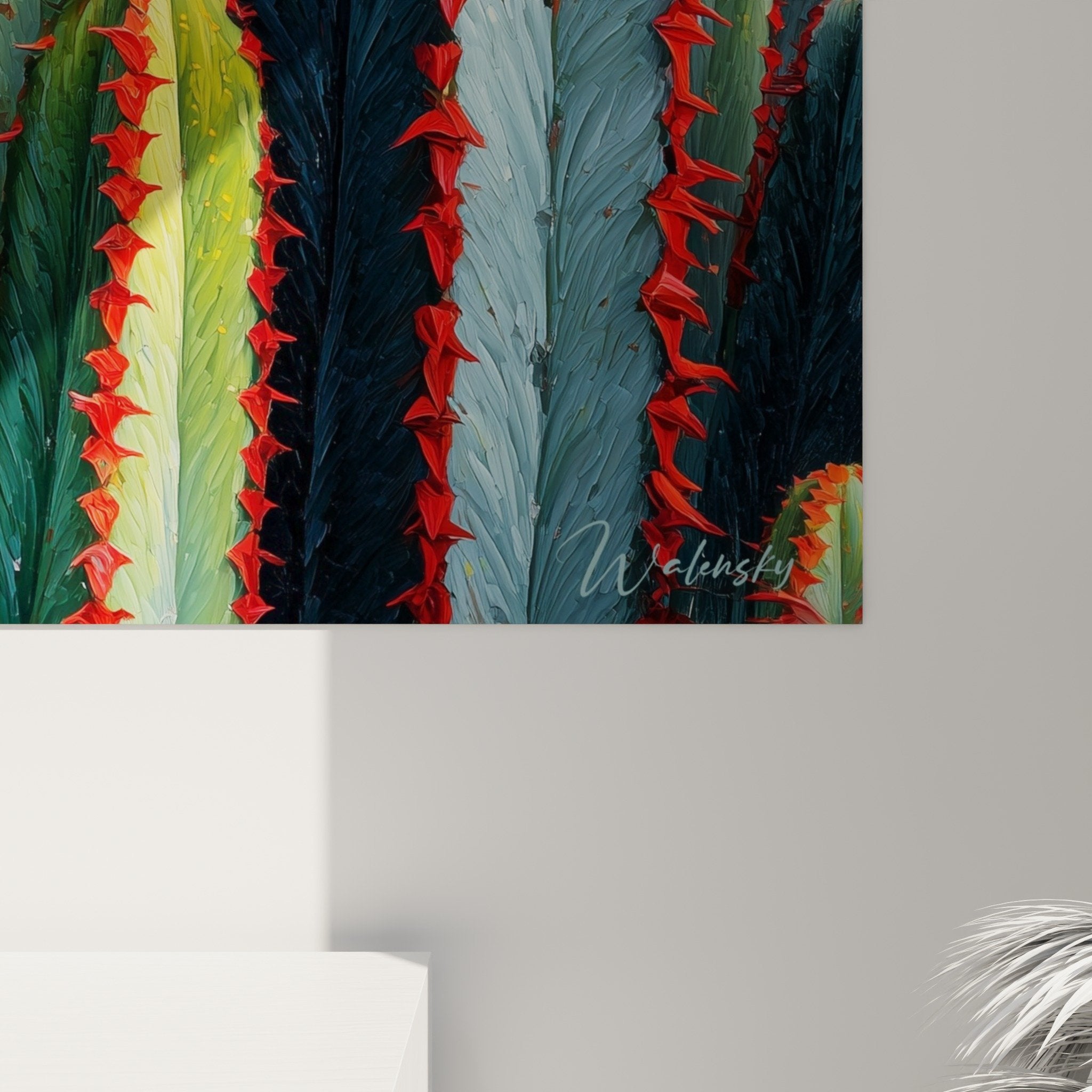 Perspective view cubism cactus artwork green columns red spines vertical composition
