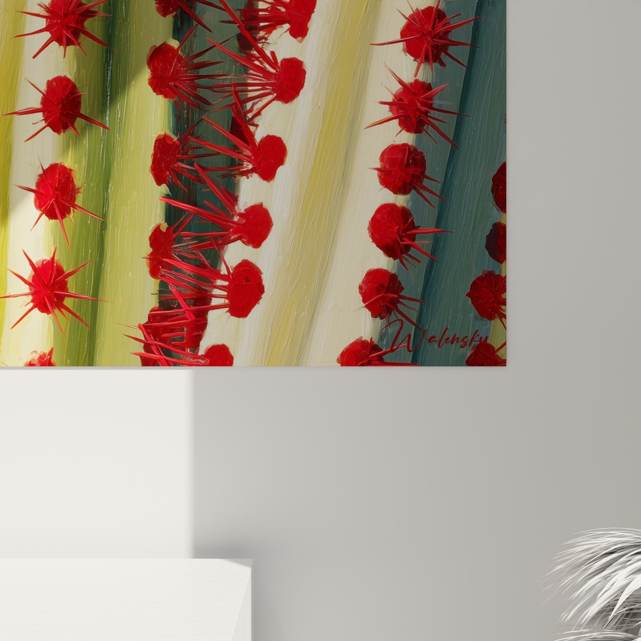 Vue ensemble tableau cactus colonnes verticales rouge écru décoration contemporaine