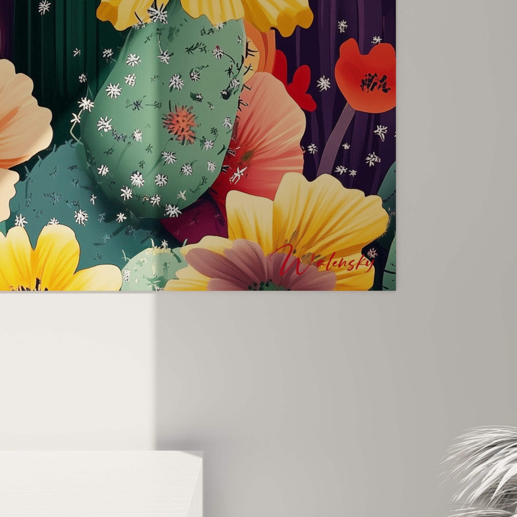 Vue ensemble tableau cactus colorés fleuris style cubisme decoration intérieur moderne