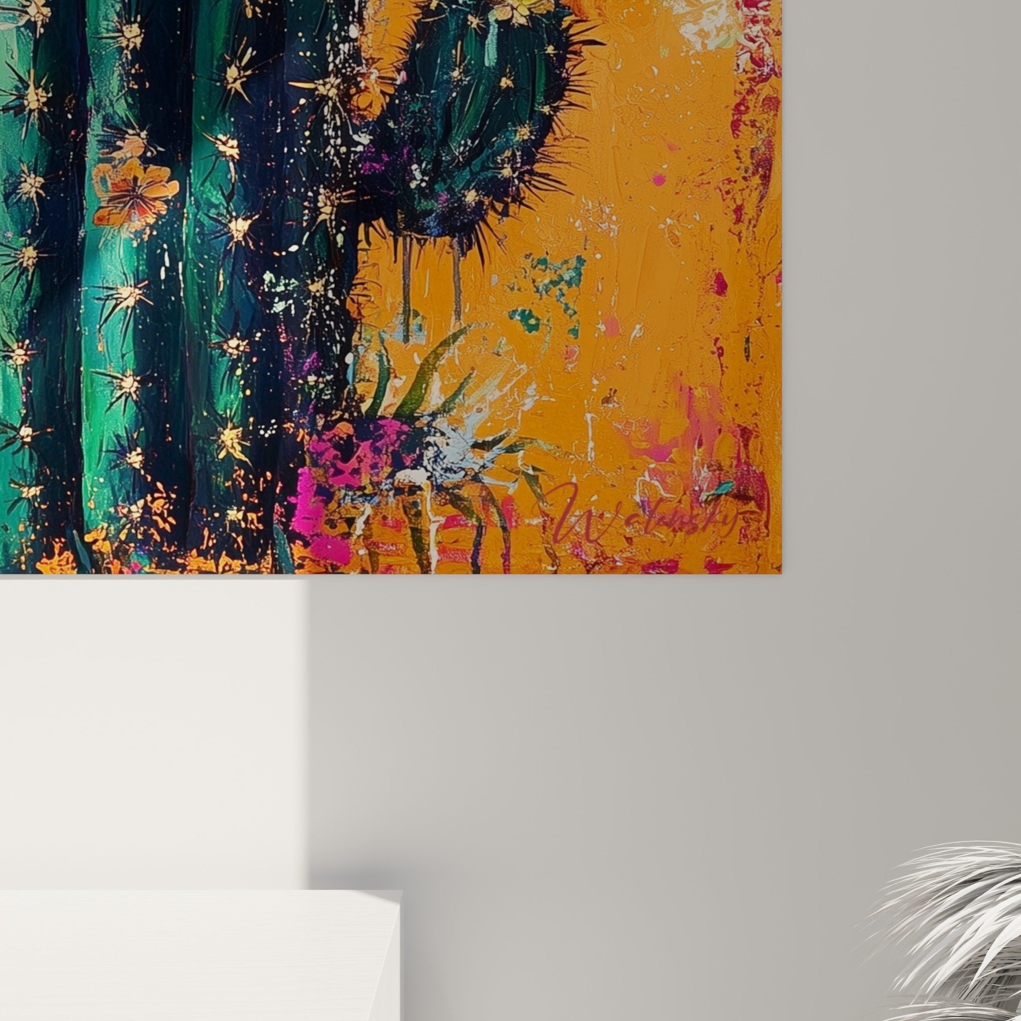 Vue ensemble tableau cactus fleuri cubisme fond orange eclaboussures artistiques multicolores
