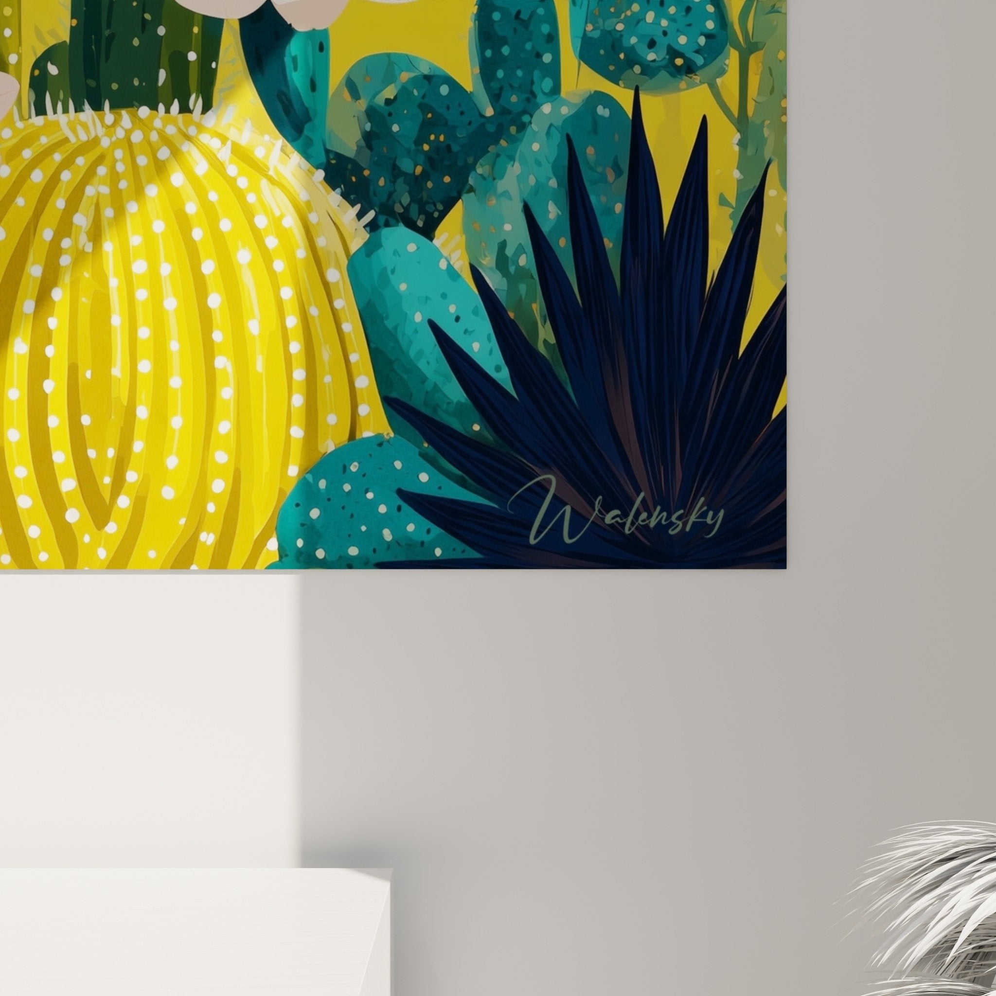 Vue d'ensemble du tableau cactus jardin désertique aux couleurs vives dans intérieur contemporain
