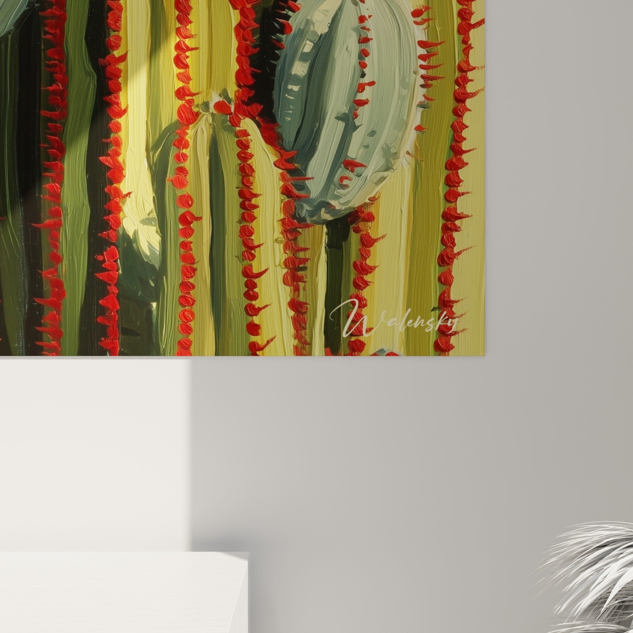 Stylized cactus desert wall art with multicolor stripes in red yellow and green modern wall decoration