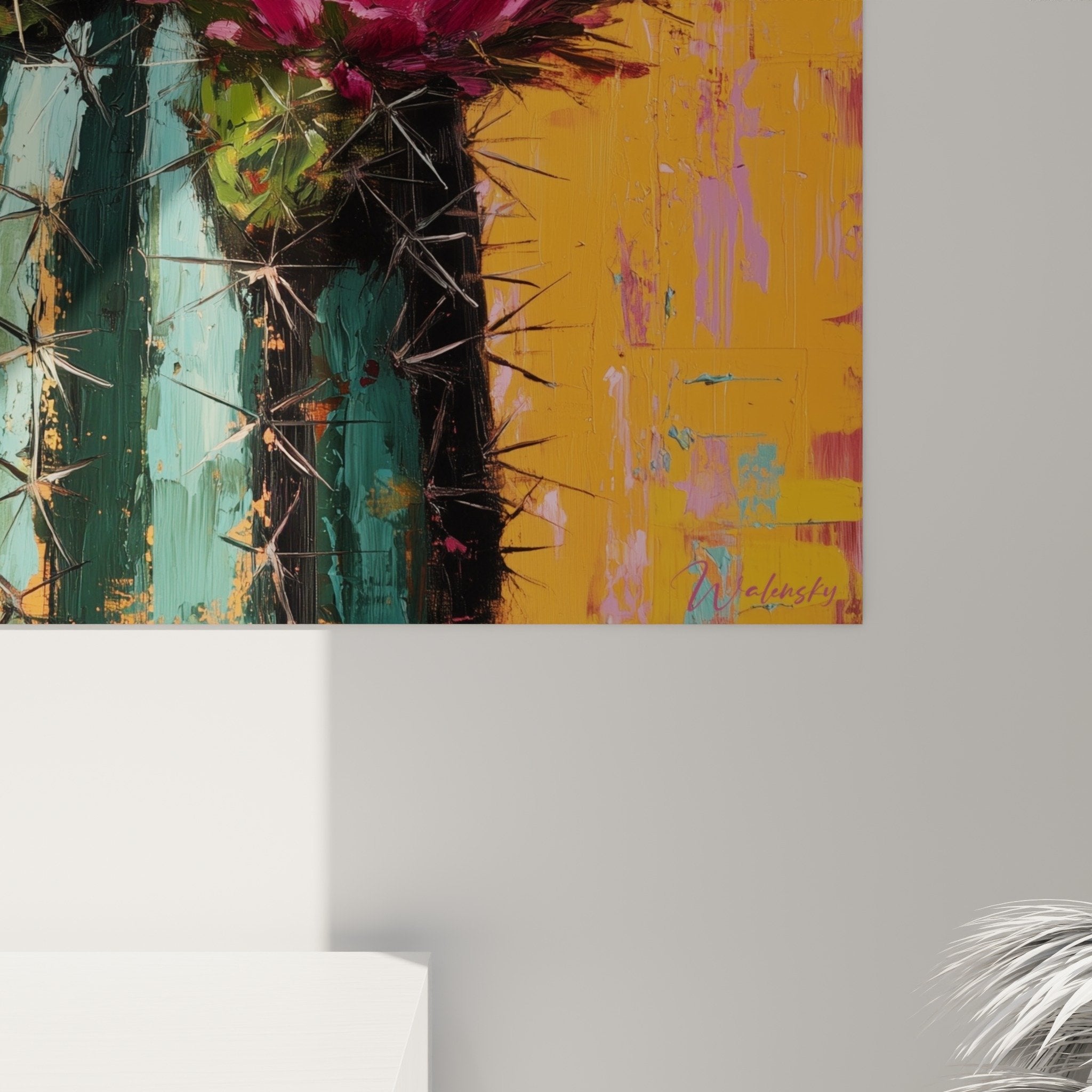 Vue ensemble tableau cactus fleuri fond orange decoration interieure style artistique