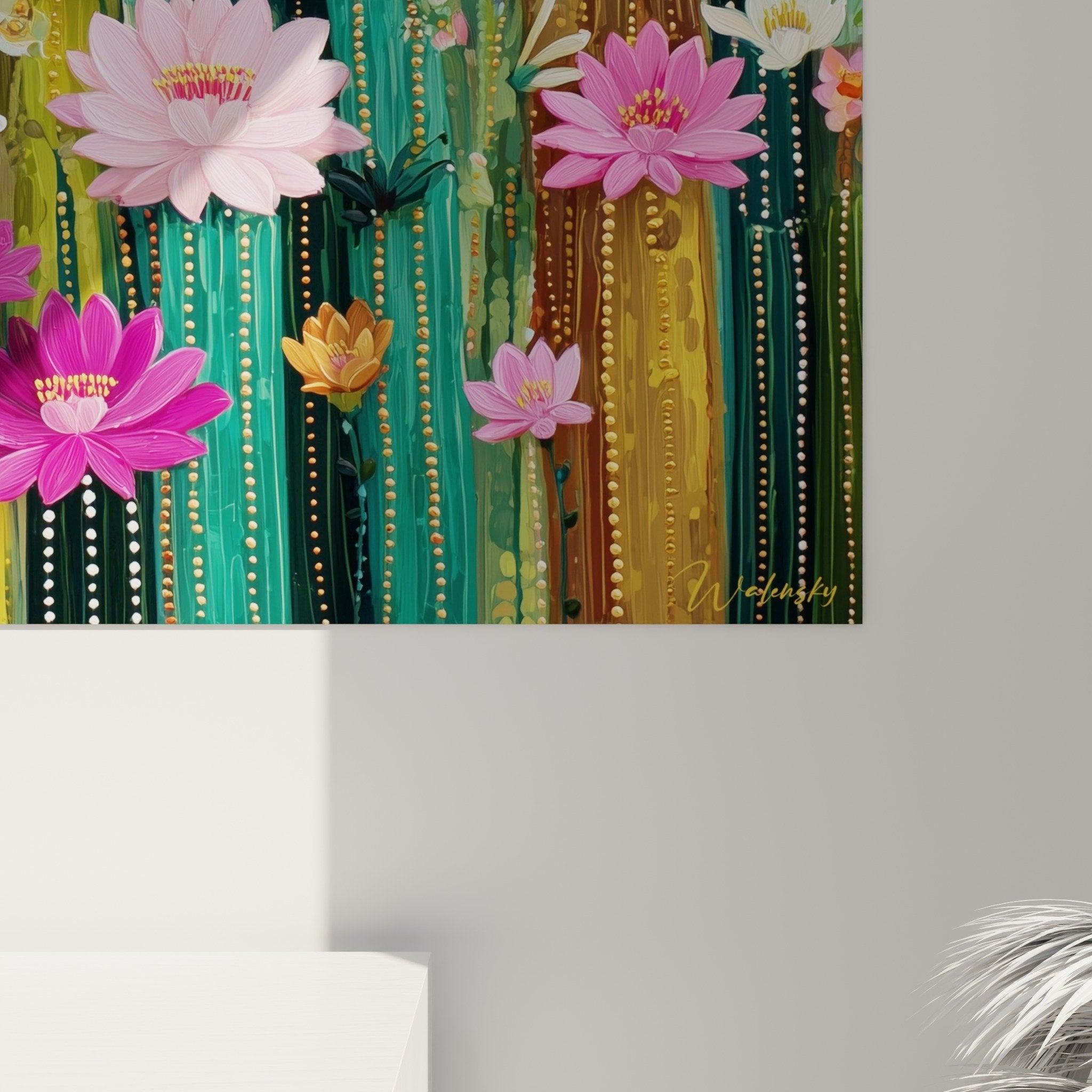 vue ensemble tableau mural cactus fleuris multicolores decoration interieur contemporain