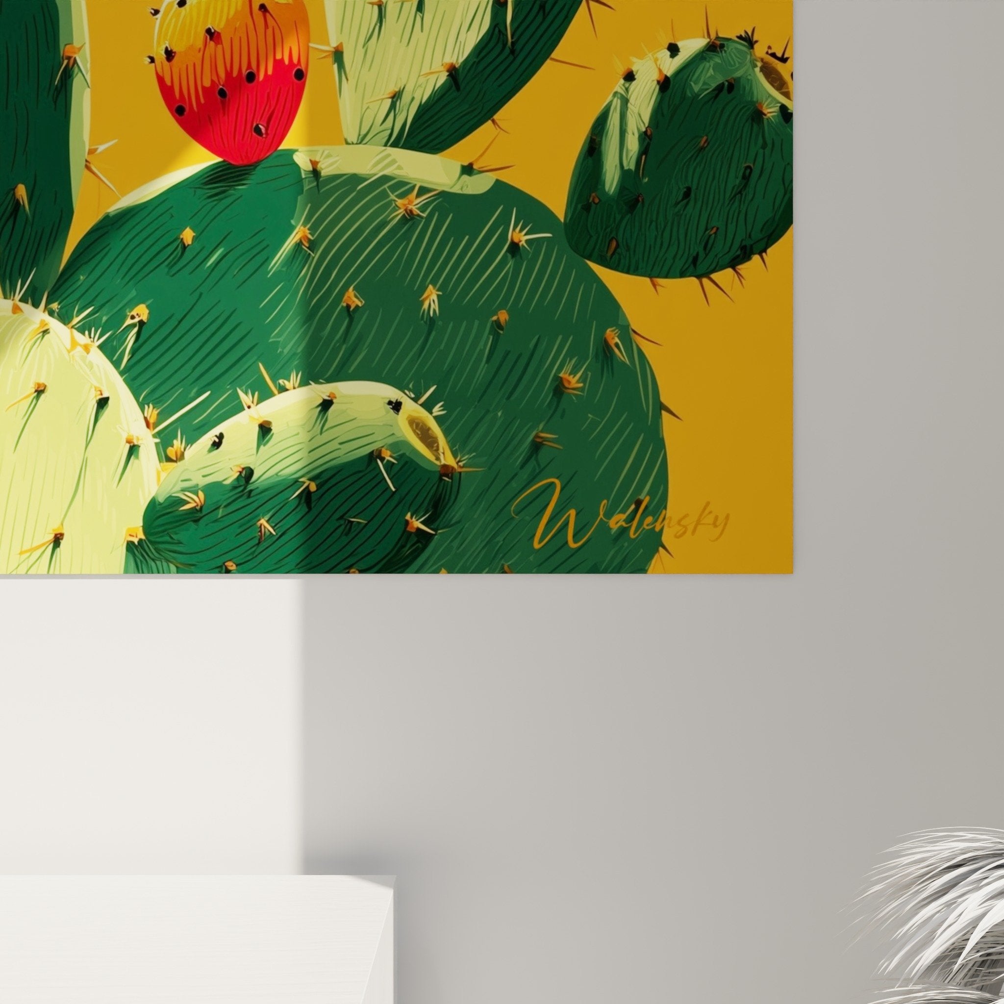 Vue ensemble tableau cactus opuntia fruits ecarlate composition desert fond orange lumineux