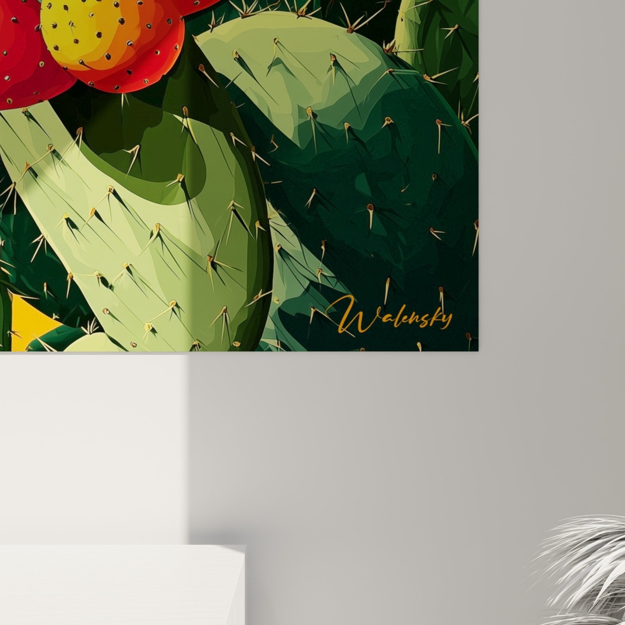 Vue ensemble tableau mural cactus orange salon decoration interieur moderne botanique vibrant