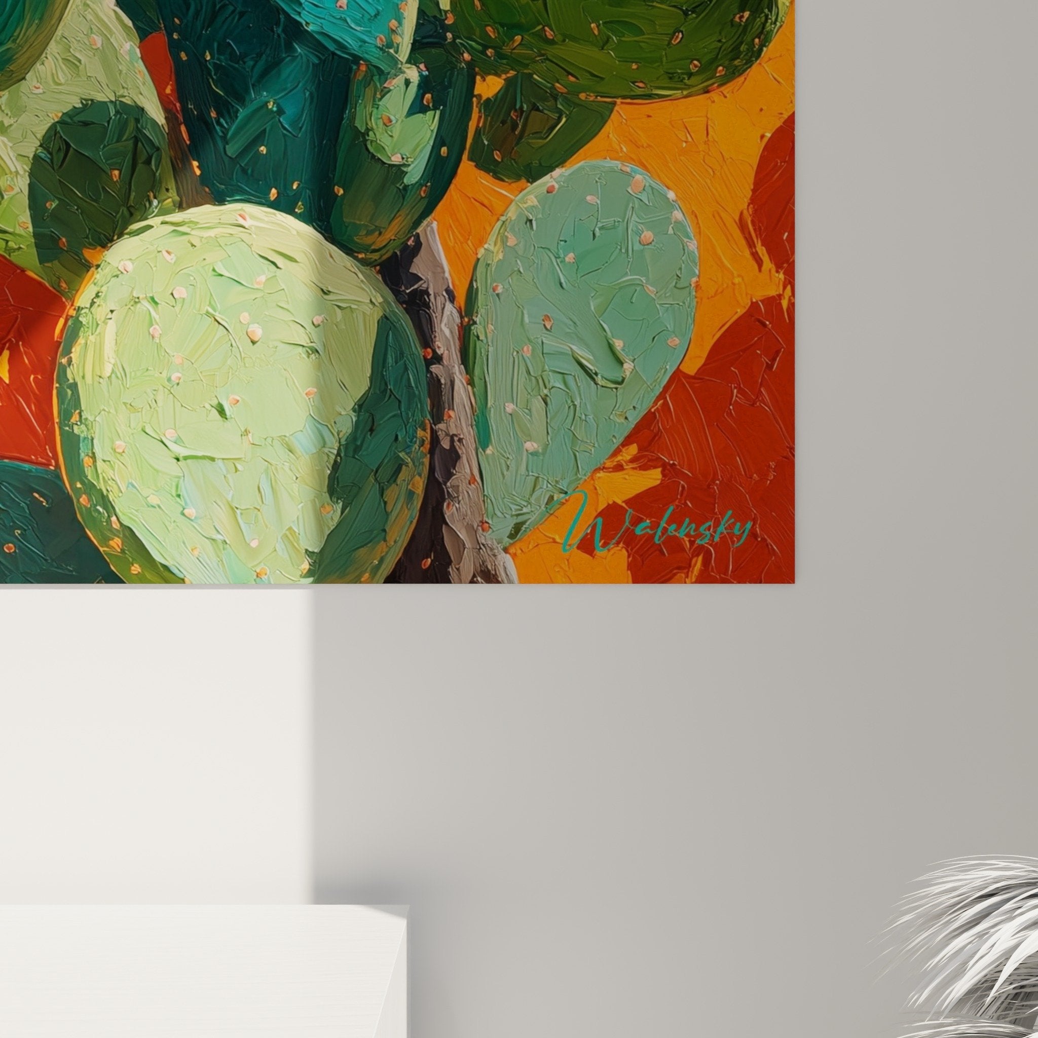 Overall view of orange turquoise cactus wall art, modern contemporary interior decoration artwork