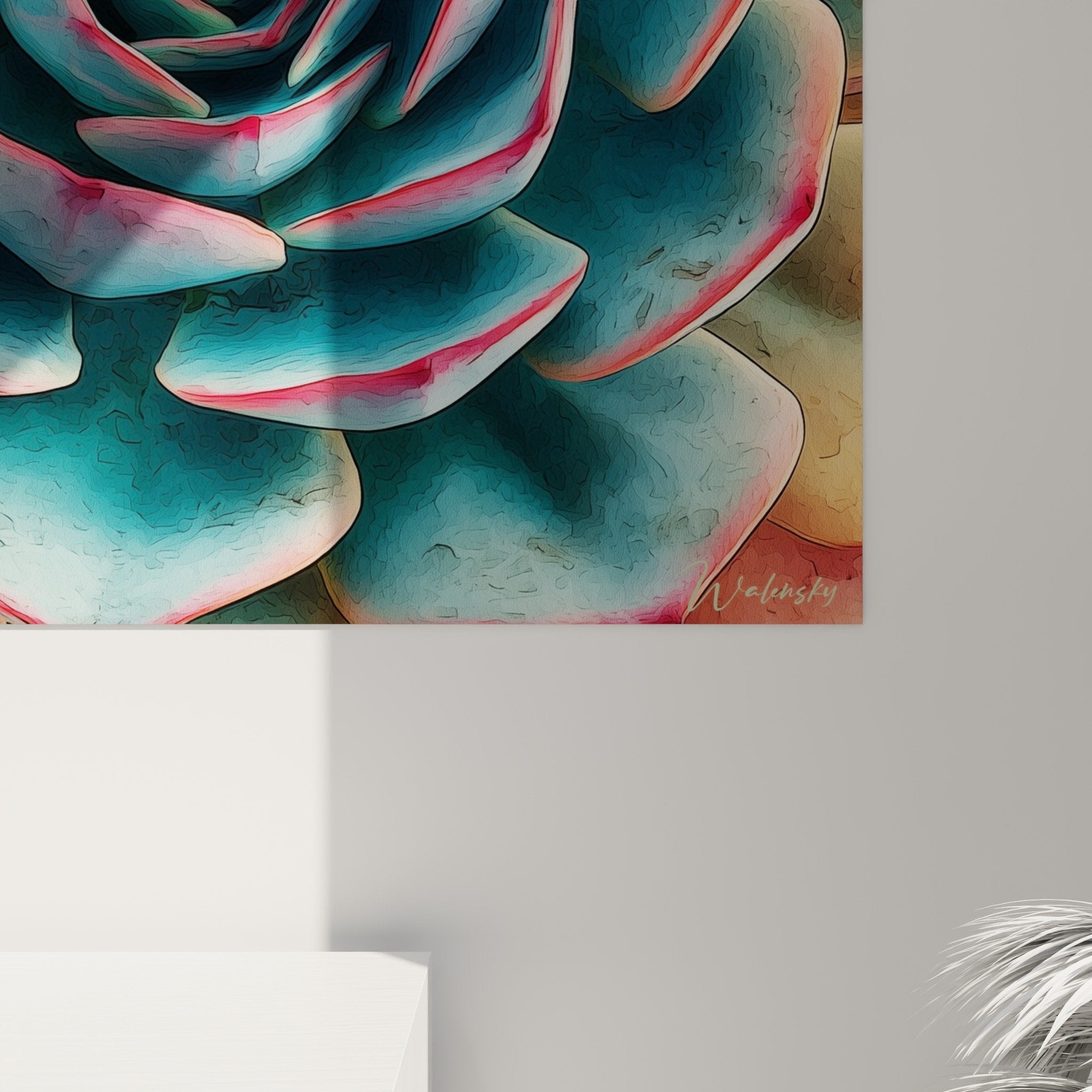 Vue ensemble tableau cactus rosette turquoise rose decoration salon moderne mur blanc style contemporain