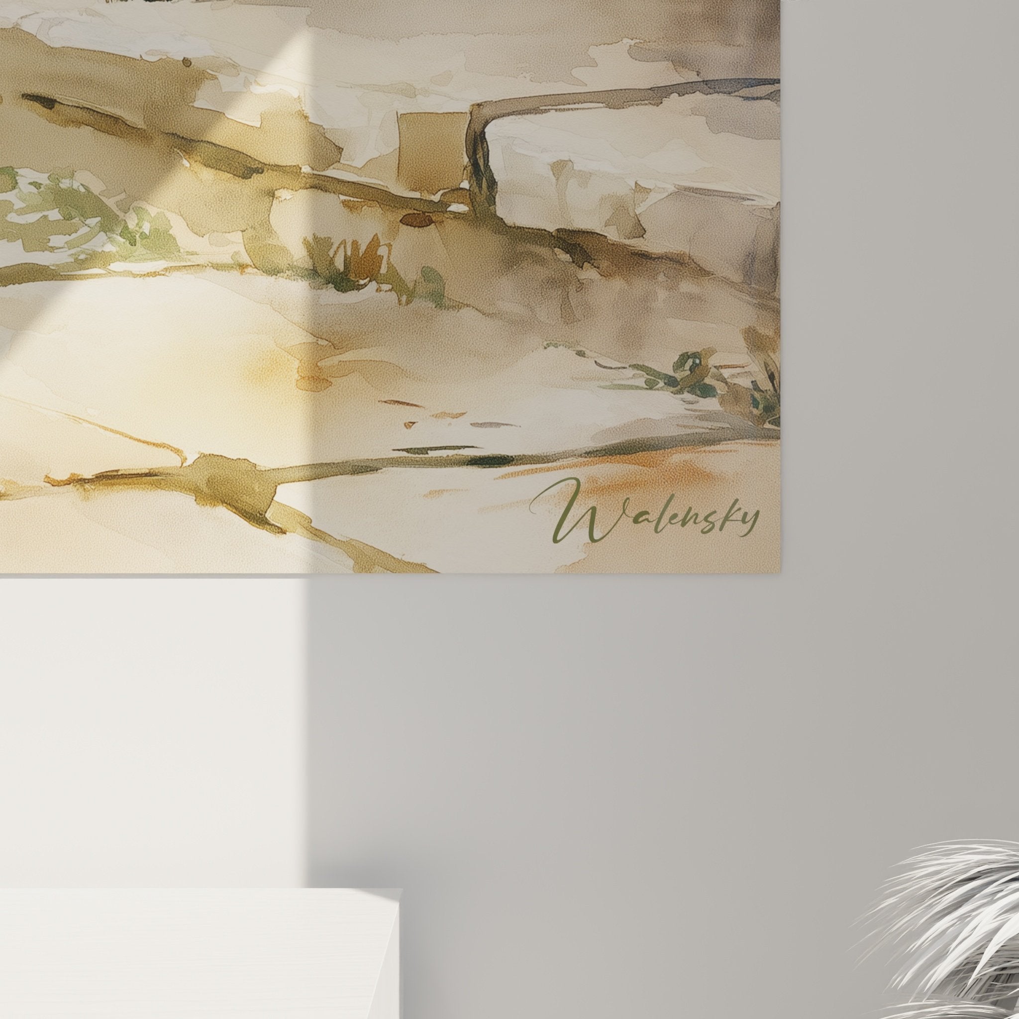 Gesamtansicht des Gemäldes Cairn Terrier Steingarten, Innenraumdekoration im Landhausstil, Aquarell in warmen Tönen