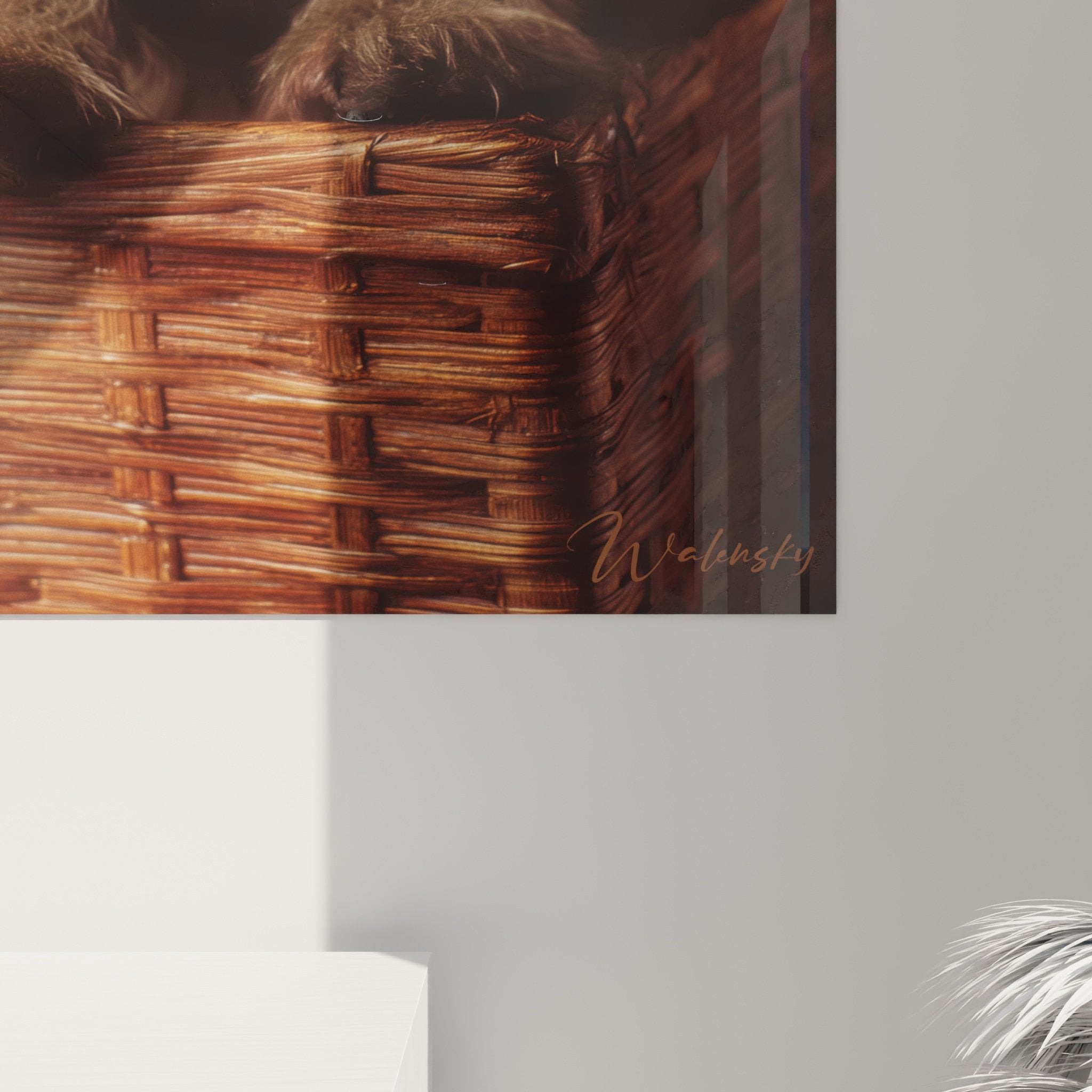 Vue ensemble tableau mural Cairn Terrier chiot panier osier dans interieur contemporain