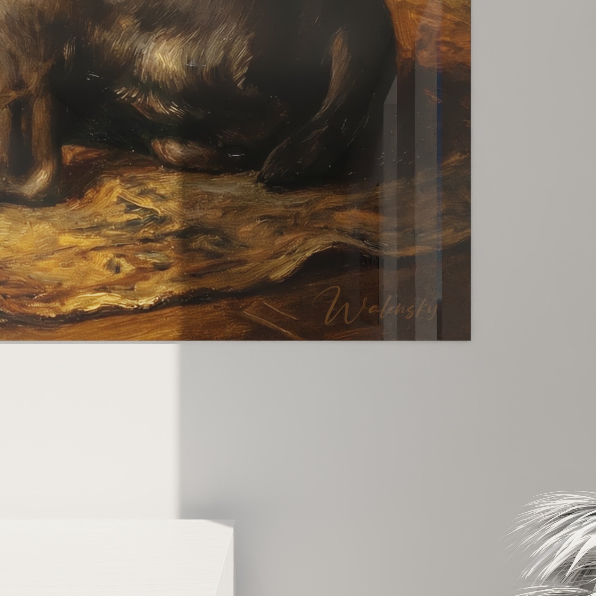 Vue ensemble tableau Cane Corso cheminee flammes pierre ocre ambiance feutree decoration interieure