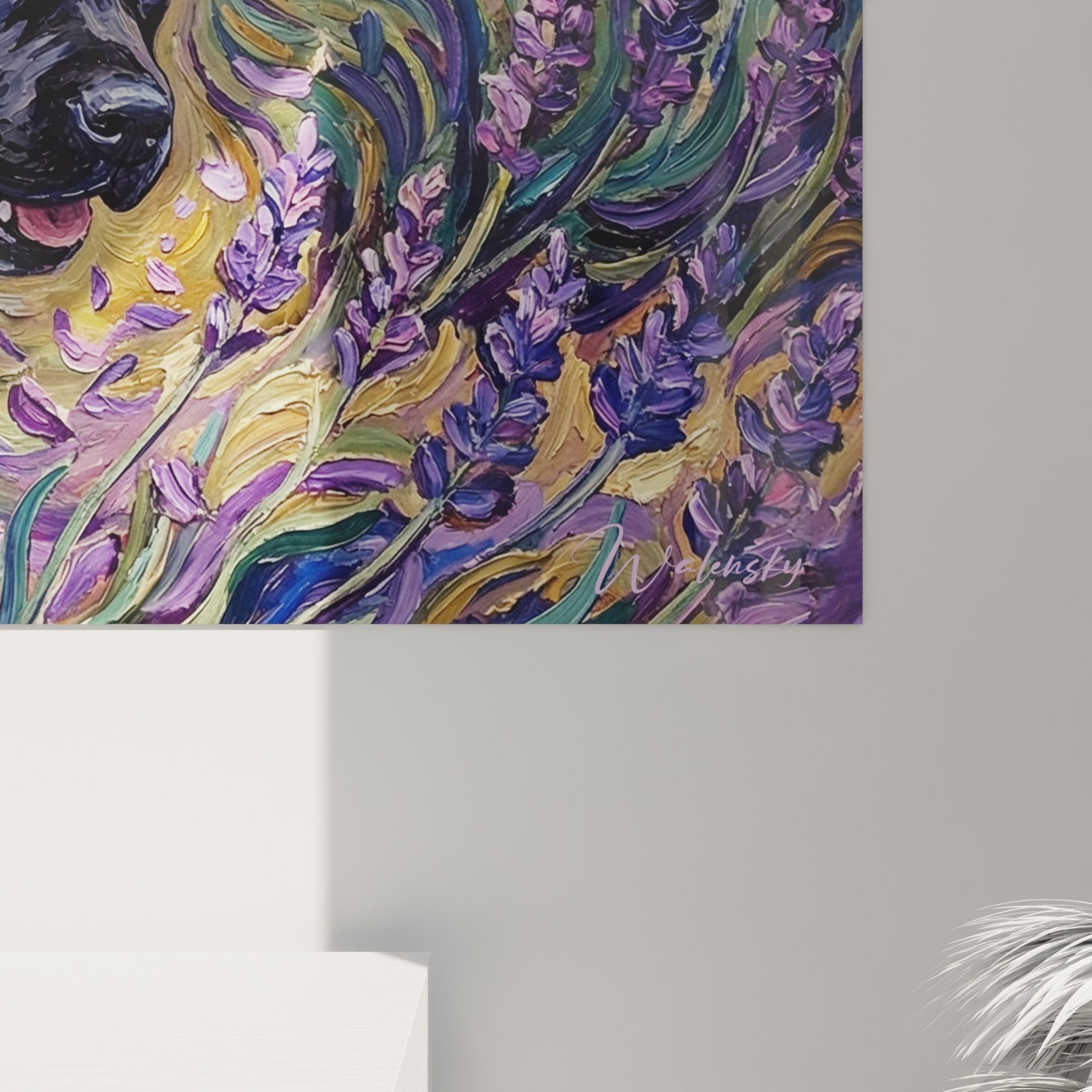 Vue ensemble tableau mural Cane Corso champ lavande style Van Gogh couleurs pourpres dorées
