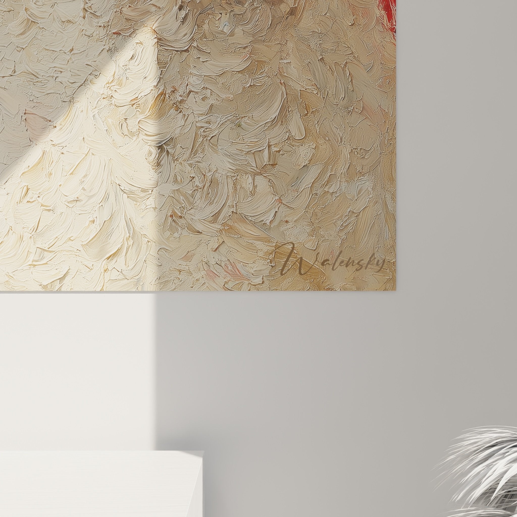 Vue perspective tableau caniche blanc rouge vif, oeuvre art animalier contemporain mur galerie moderne