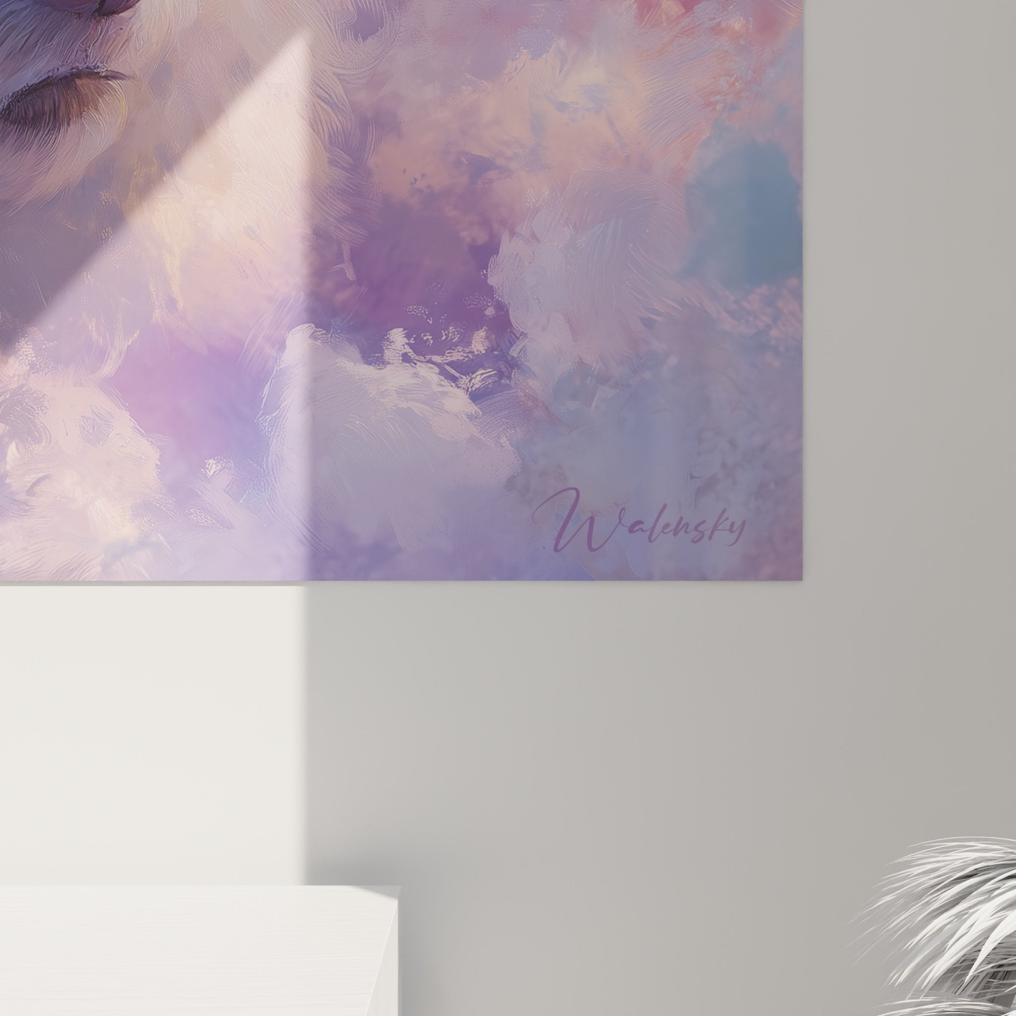 Vue ensemble tableau caniche tons pastel violets roses art mural contemporain portrait animalier