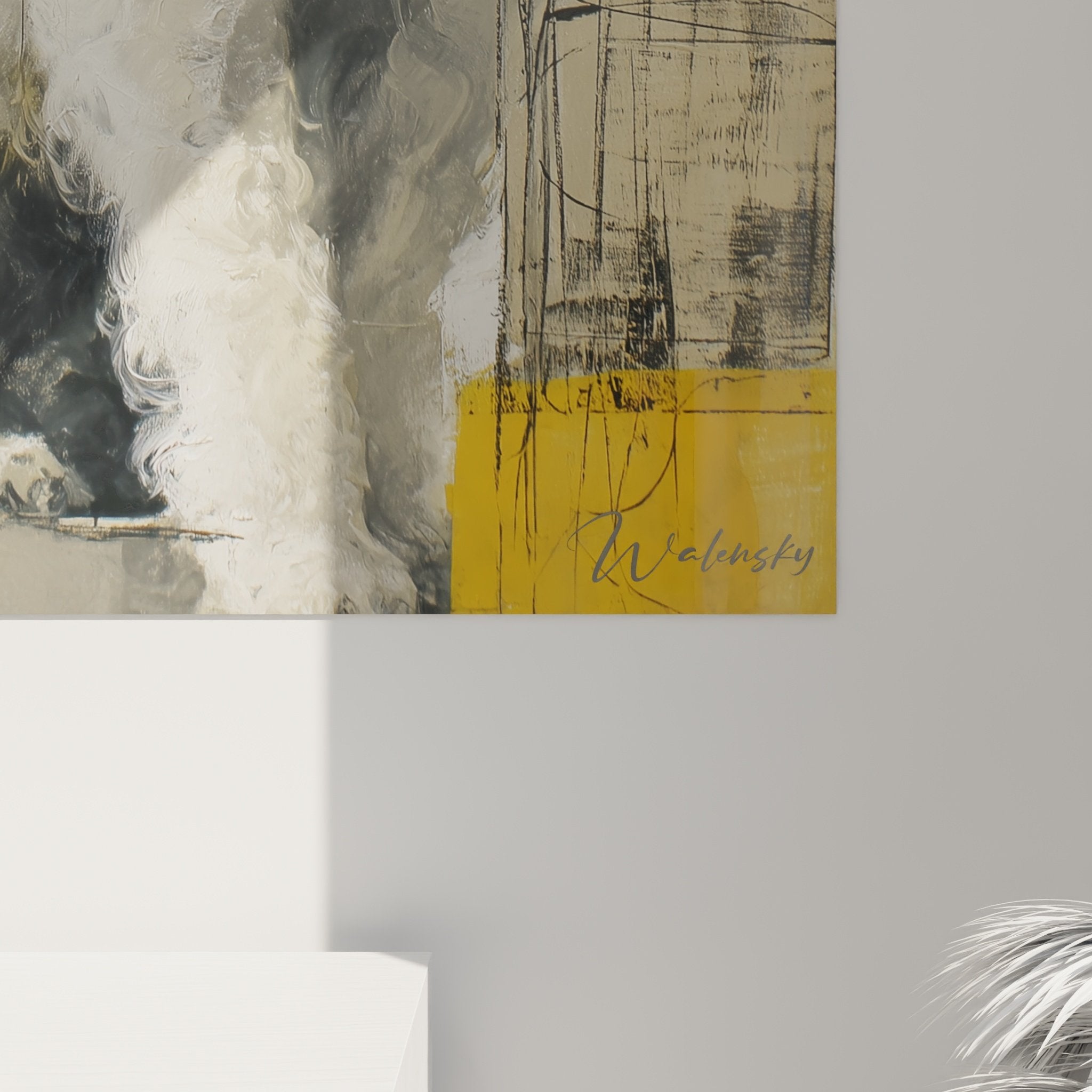 Vue d'ensemble tableau caniche contemporain, composition géométrique jaune et blanche