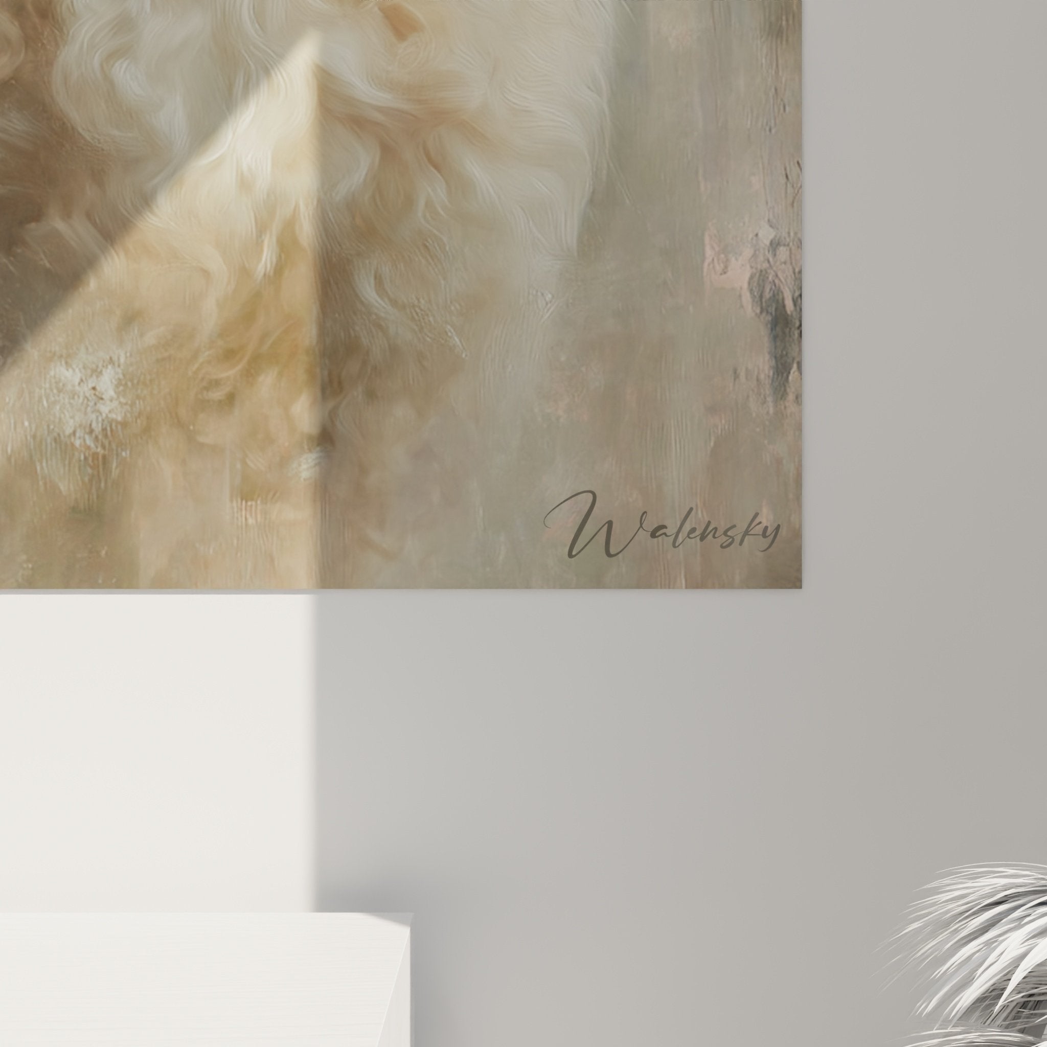 Vue ensemble portrait caniche fleuri salon decoration murale style romantique tons pastel