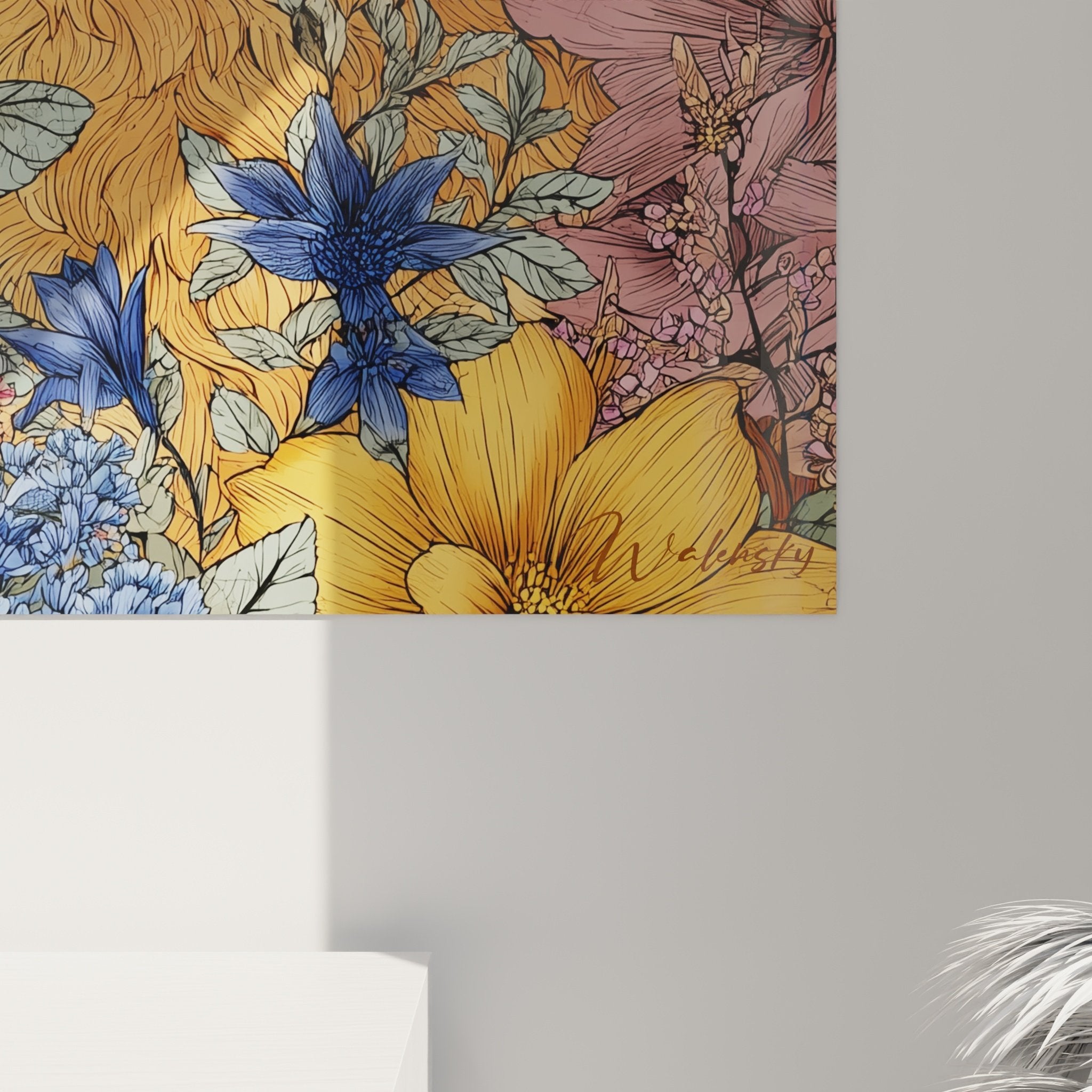Vue ensemble tableau mural caniche jardin fleuri décoration intérieure élégante tons pastels