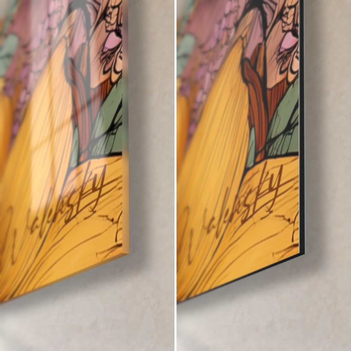 Wall art of a golden poodle, bottom right corner: saffron yellow flower signed Walensky, glossy glass on the left, matte black Dibond on the right
