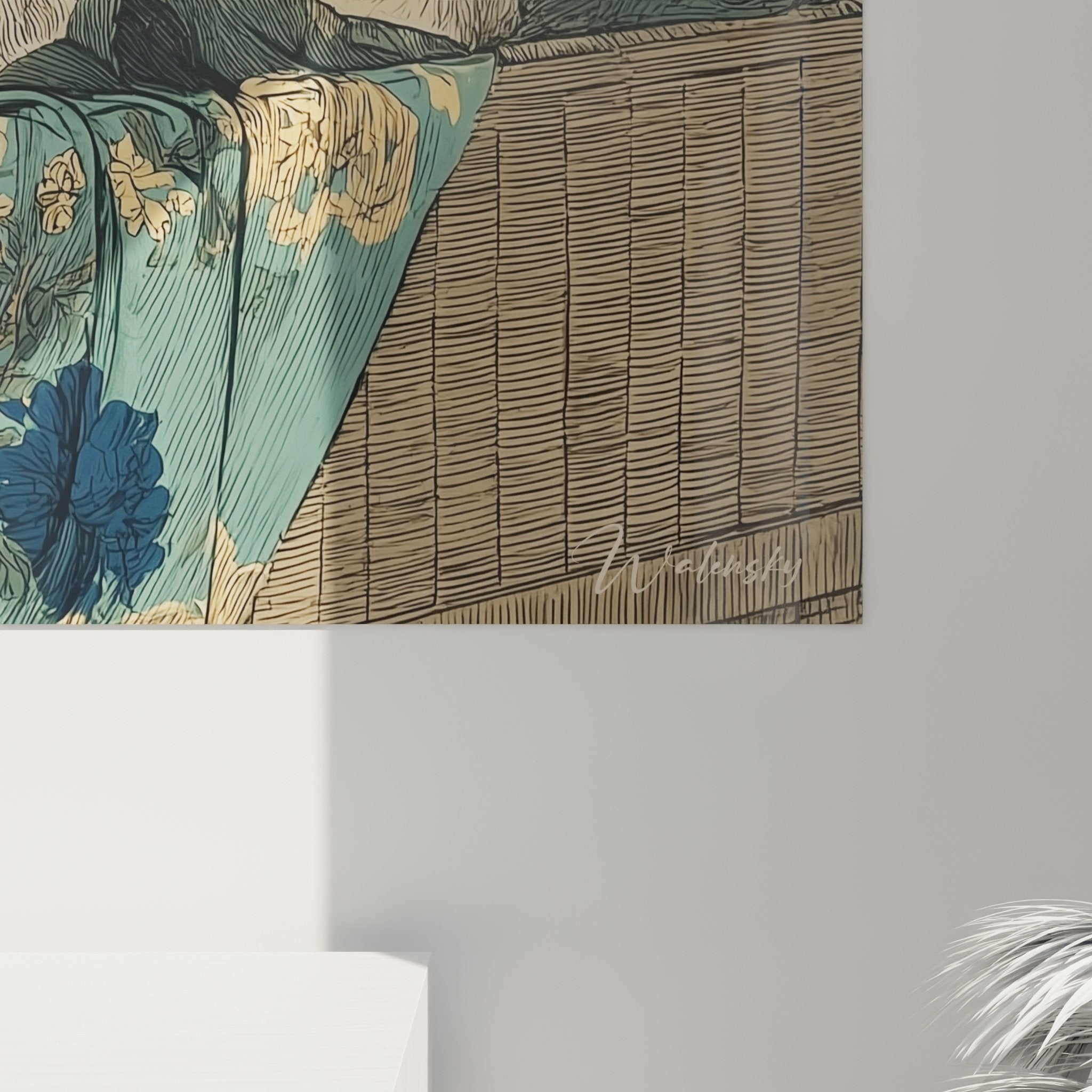 Vue ensemble tableau caniche panier bambou style japonais decoration murale elegante creme turquoise