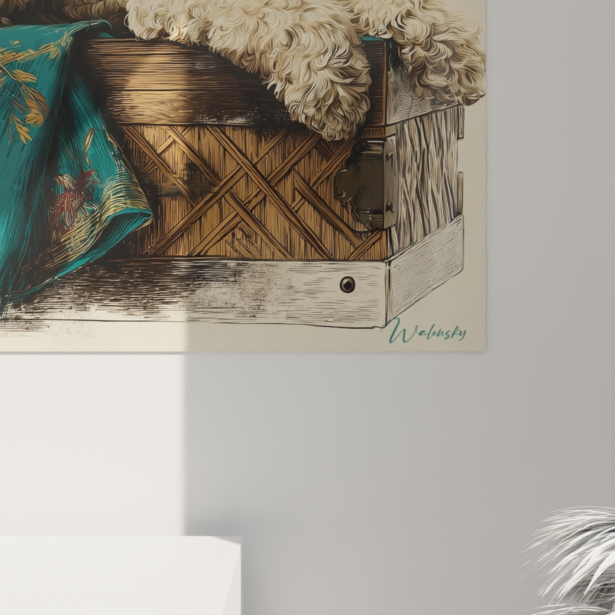 Vue ensemble tableau caniche vintage decoration murale salon bourgeois tissus precieux palette turquoise creme elegant