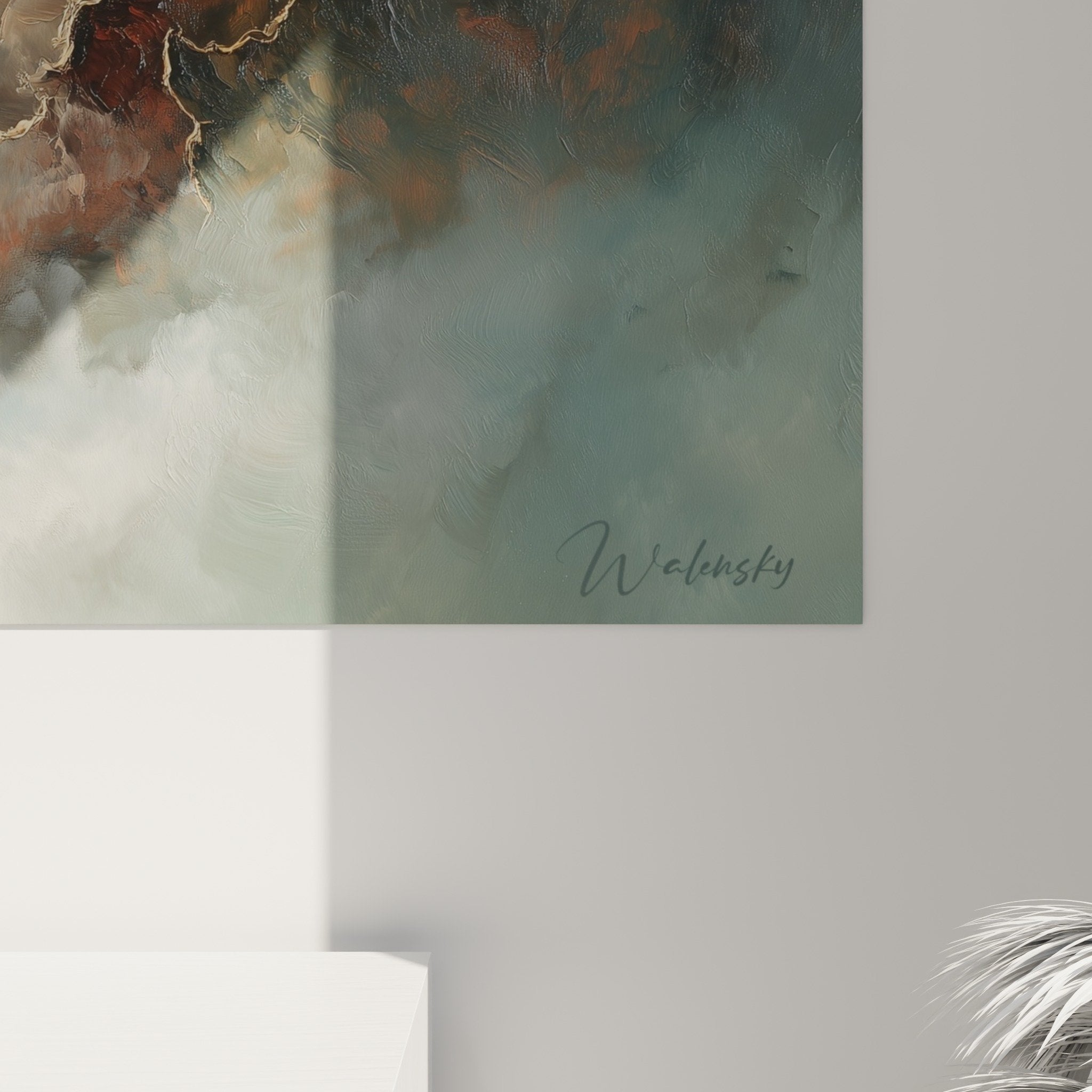 overall view canyon painting earthy tones living room feng shui northeast rock formation decor