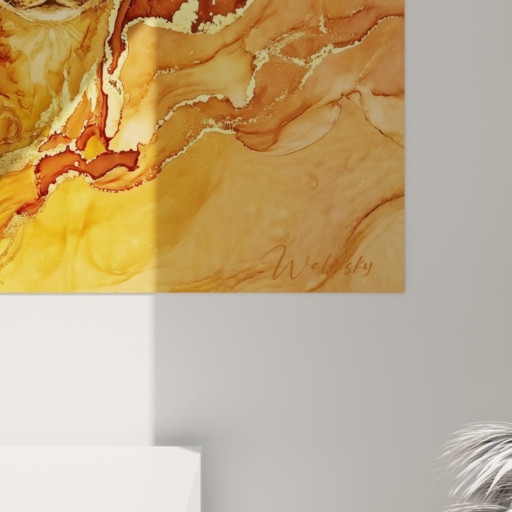 Gesamtansicht Caracal Fluid Art Gemälde in Orange im zeitgenössischen Interieur Wanddekoration